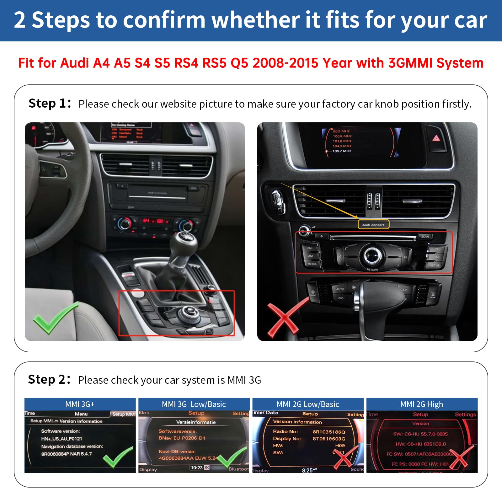 Road Top Wireless Carplay Android Auto for Audi A4 A5 S4 S5 RS4 RS5 Q5 2008-2015 with 3GMMI System, Carplay Retrofit Kit, Support Mirrorlink, Siri, Navigation, Camera