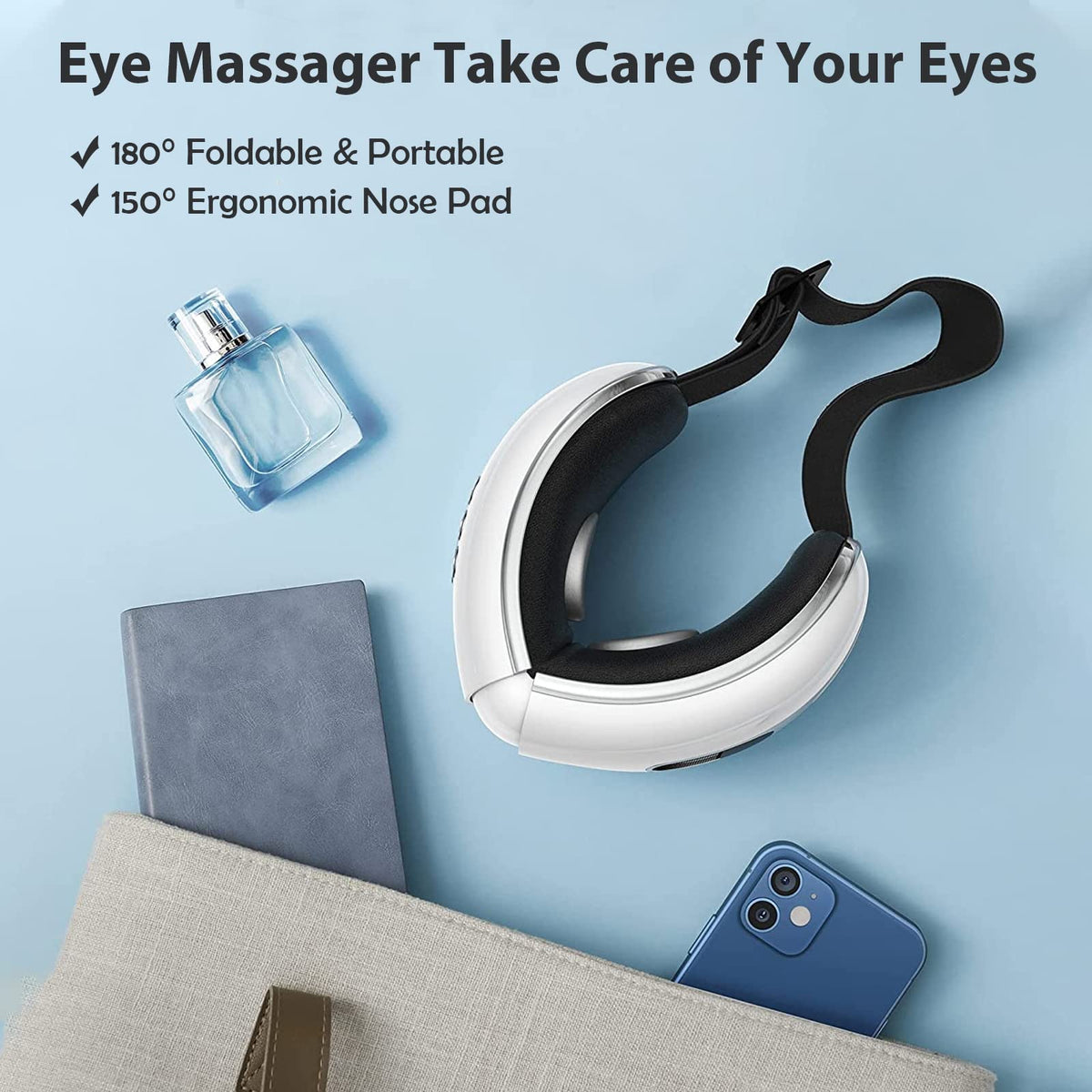fmlave Eye Massager with Heat and Cooling for Migraines, Dry Eyes, Dark Circles, Rechargeable Bluetooth Music Heat Cold Eye Massager Improve Sleeping - Great Gifts for Woman and Man (White)