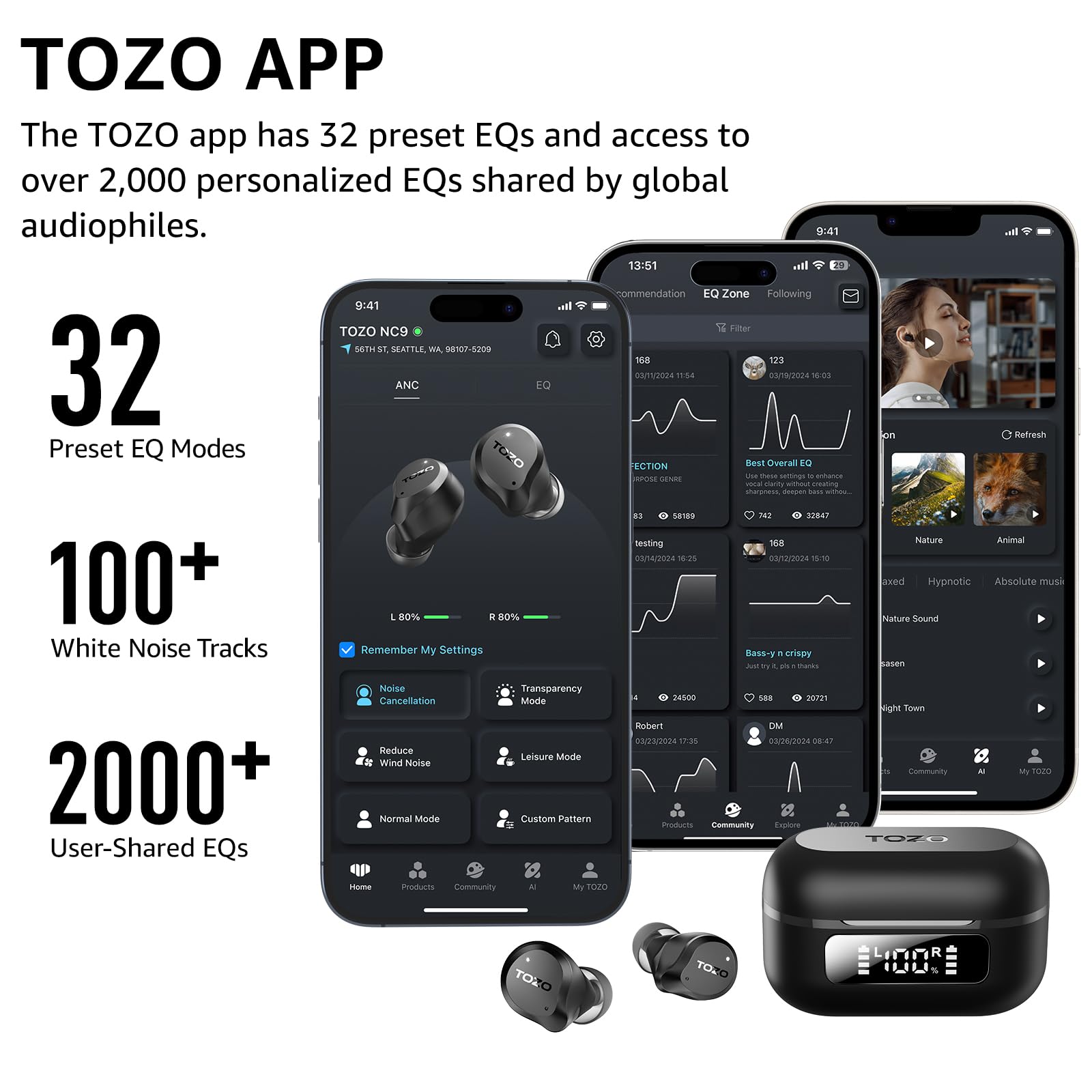 TOZO Hybrid Active Noise Cancelling Wireless Earbuds, 6 Mics ENC Clear Call, IPX8 Waterproof, in Ear Bluetooth 5.3 Headphones Stereo Bass Heasets 59H Playtime with LED Display 32 EQs via APP