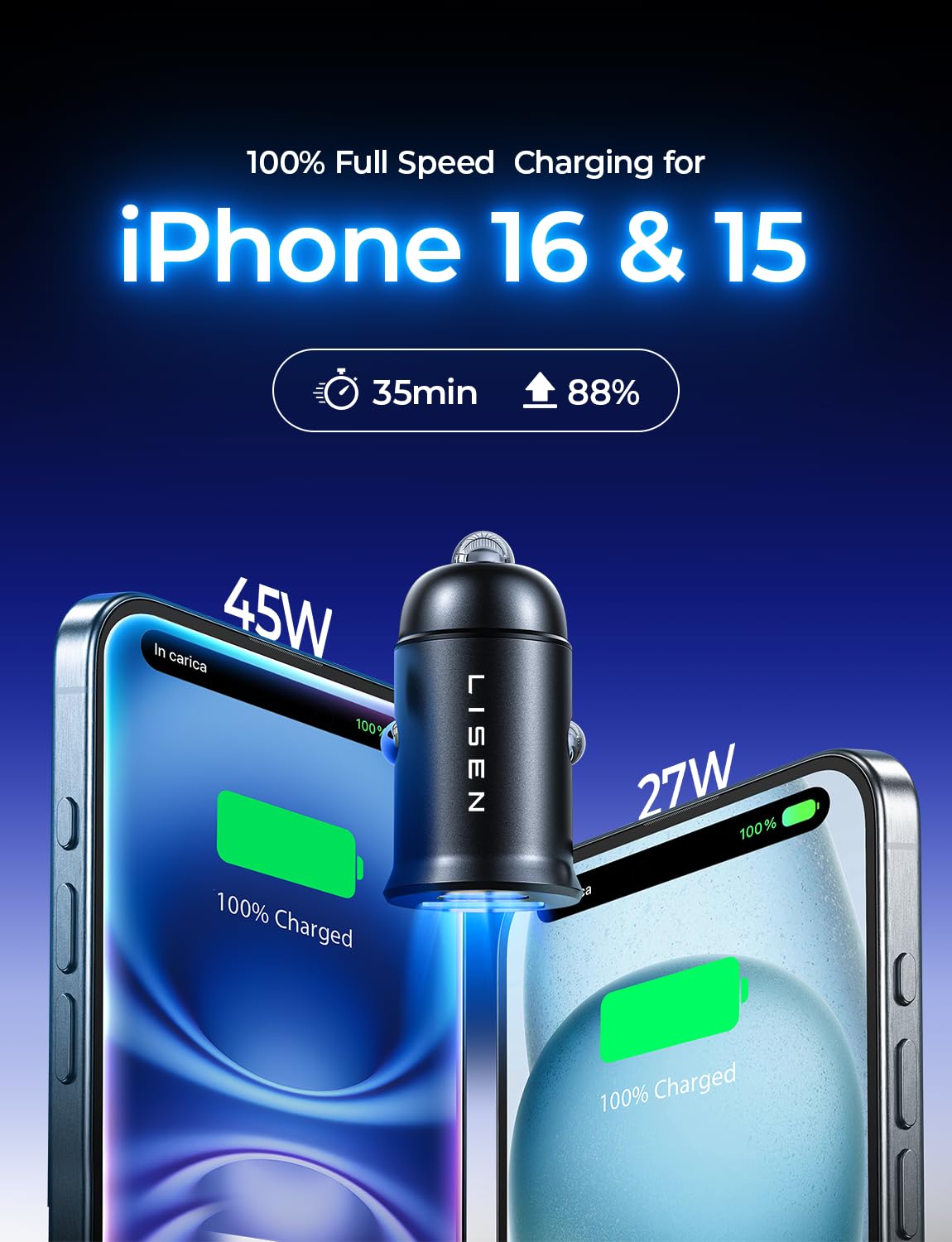 LISEN for iPhone 16 Car Charger Fast Charging [80W+18W GaN] [Mini Metal] USBC Car Charger iPhone [PD80W QC 3.0] USB C Car Charger for iPhone 16 Pro Max MacBook Air iPad2024 Samsung Galaxy S24 S23