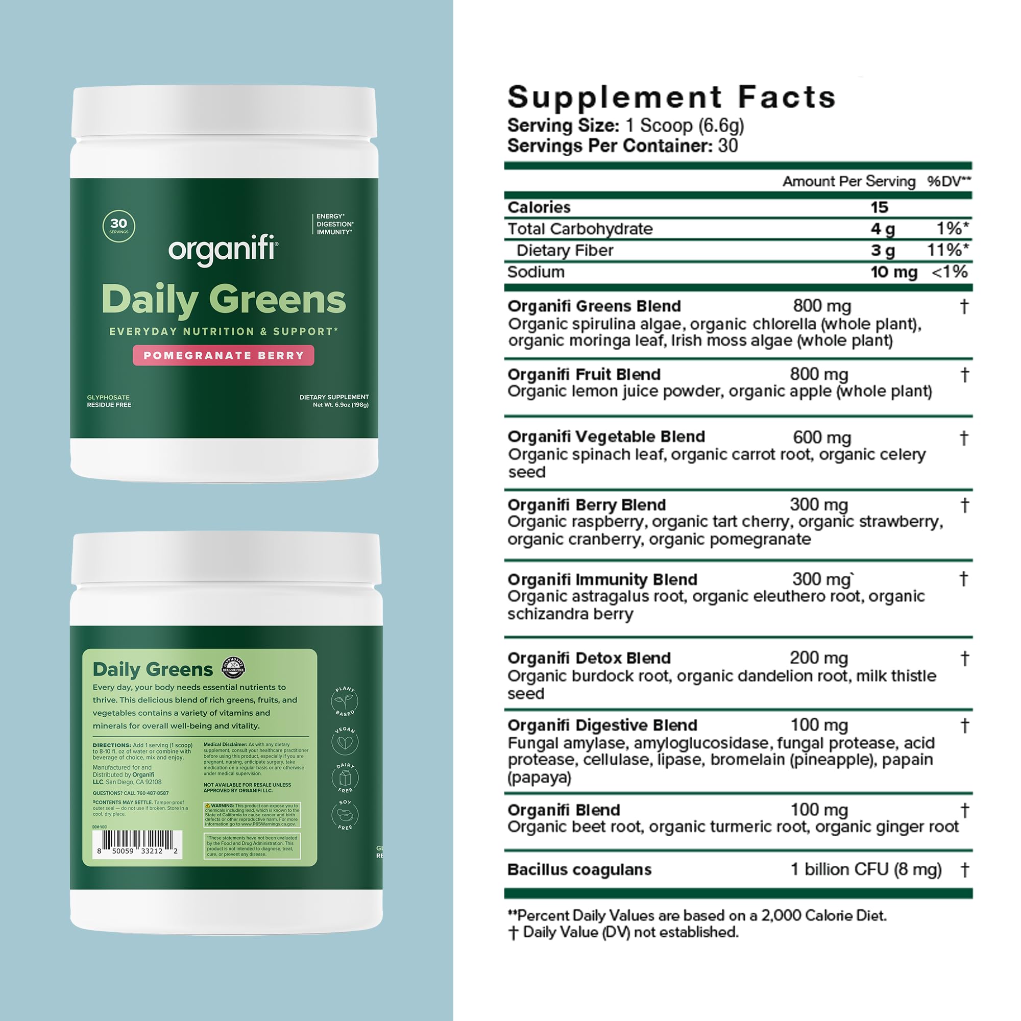 Organifi Daily Greens - Everyday Nutrition and Support - Greens Powder for Energy, Digestion, and Immunity, 30 Servings