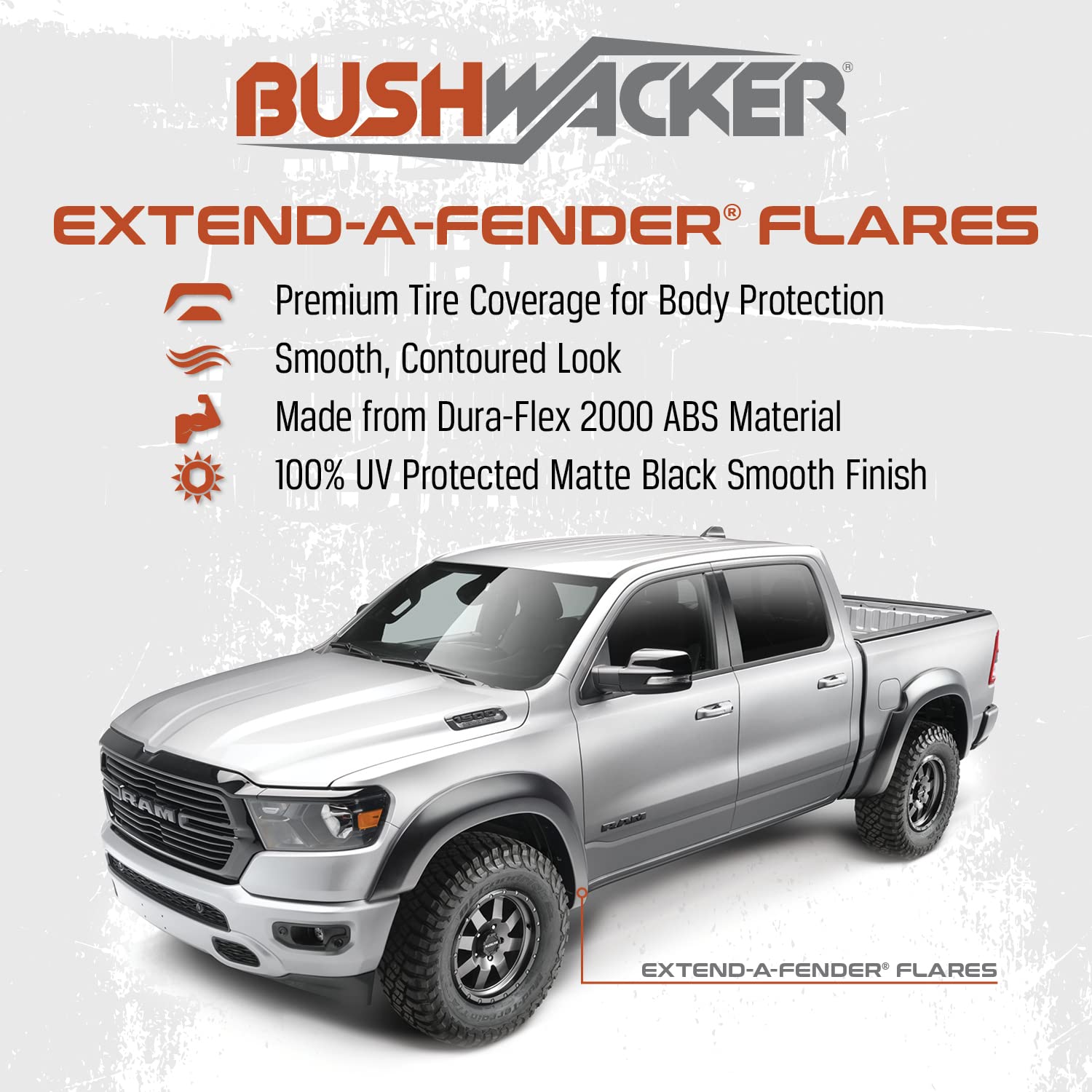 Bushwacker Extend-A-Fender Extended Front Fender Flares | 2-Piece Set, Black, Smooth Finish | 50055-02 | Fits 2019-2024 Dodge RAM 1500 (Excludes Rebel & TRX Models)