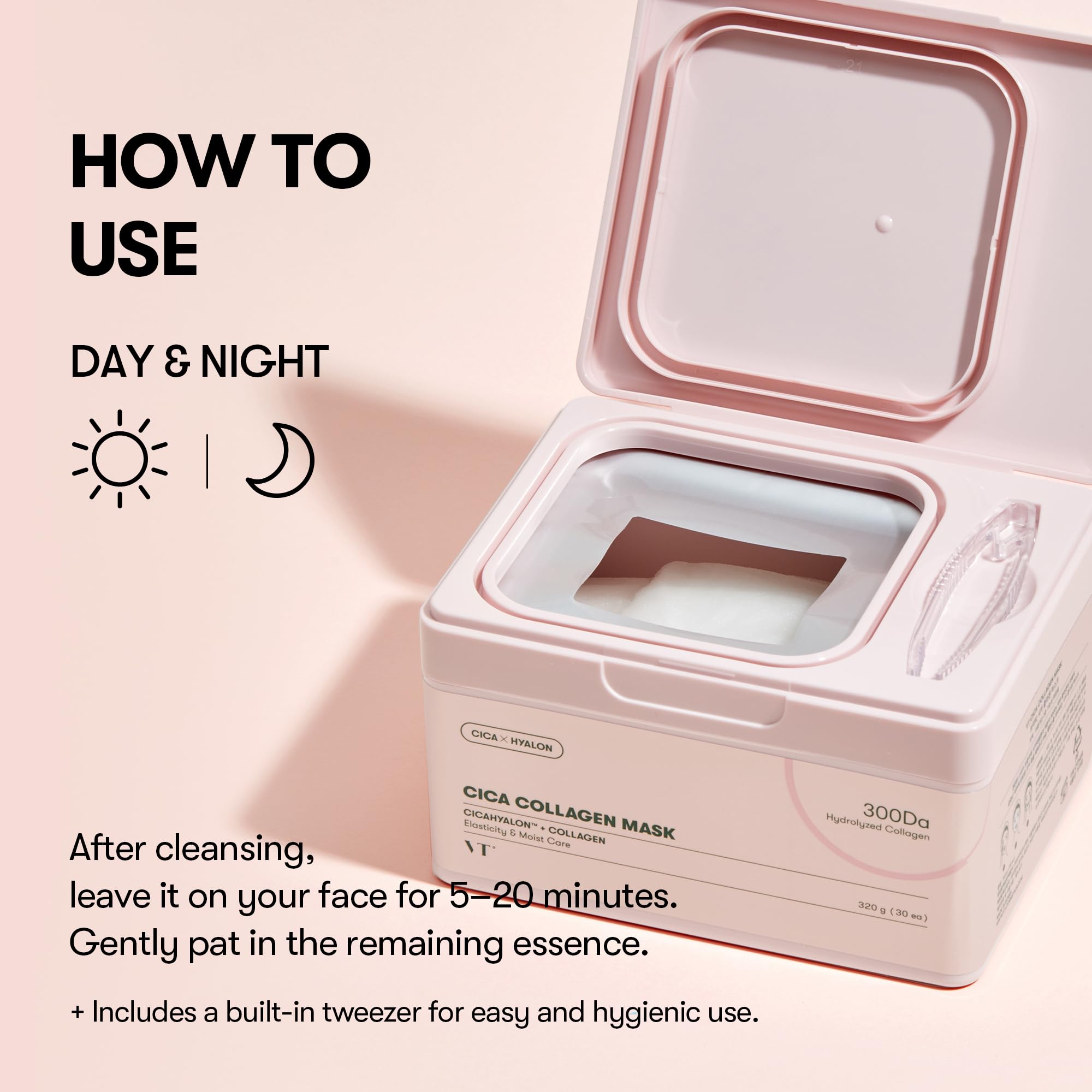 VT COSMETICS CICA Pink Daily Mask 30 Sheets, 300Da Low Molecular Collagen for Skin Elasticity, Hydrating & Firming, Pink Collagen Essence, Korean Face Mask