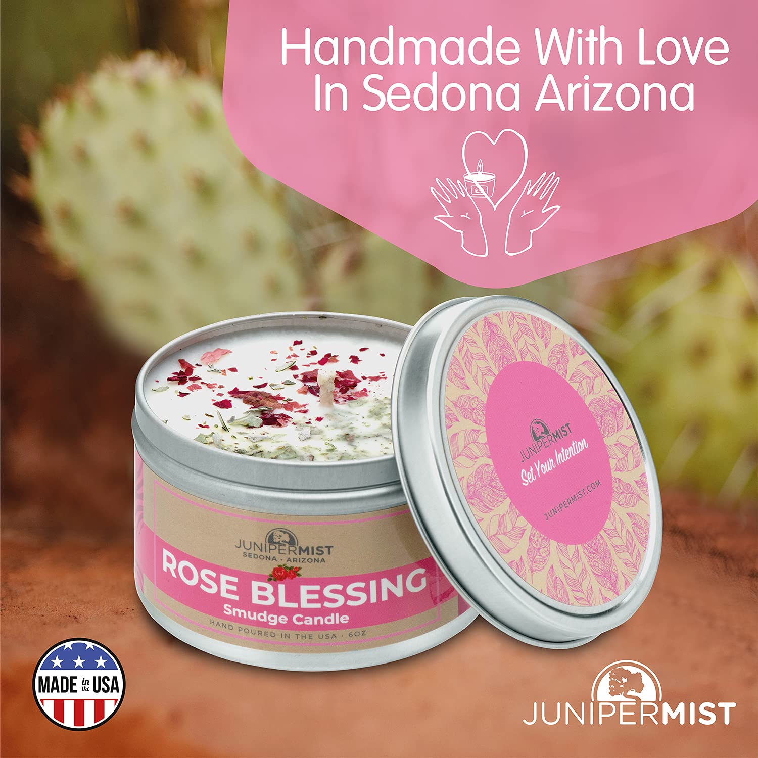 JUNIPERMIST Rose Smudge Candle (6 Oz) - for Meditation & Cleansing Negative Energy - Made in USA with Soy Wax, Essential Oils, Real Sage - Smokeless Alternative to Sage Smudge Sticks