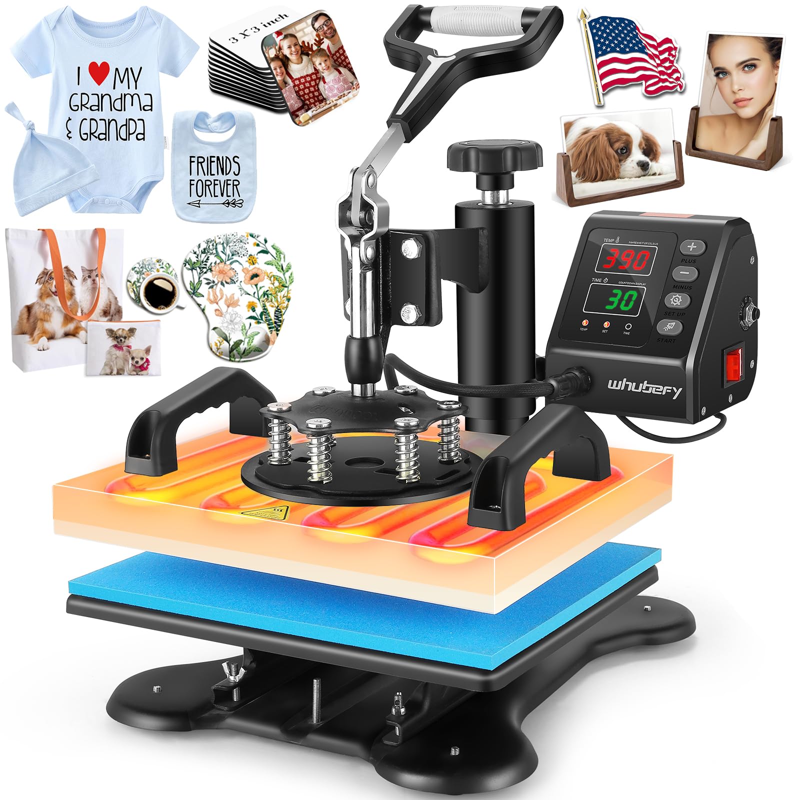 Whubefy Heat Press Machine for T Shirts 12x10in 650W Swing Away Sublimation Transfer Printer with Digital Precise Temp Control Multifunctional for T-Shirts Bags Garments Mats Puzzles Ceramic Frame