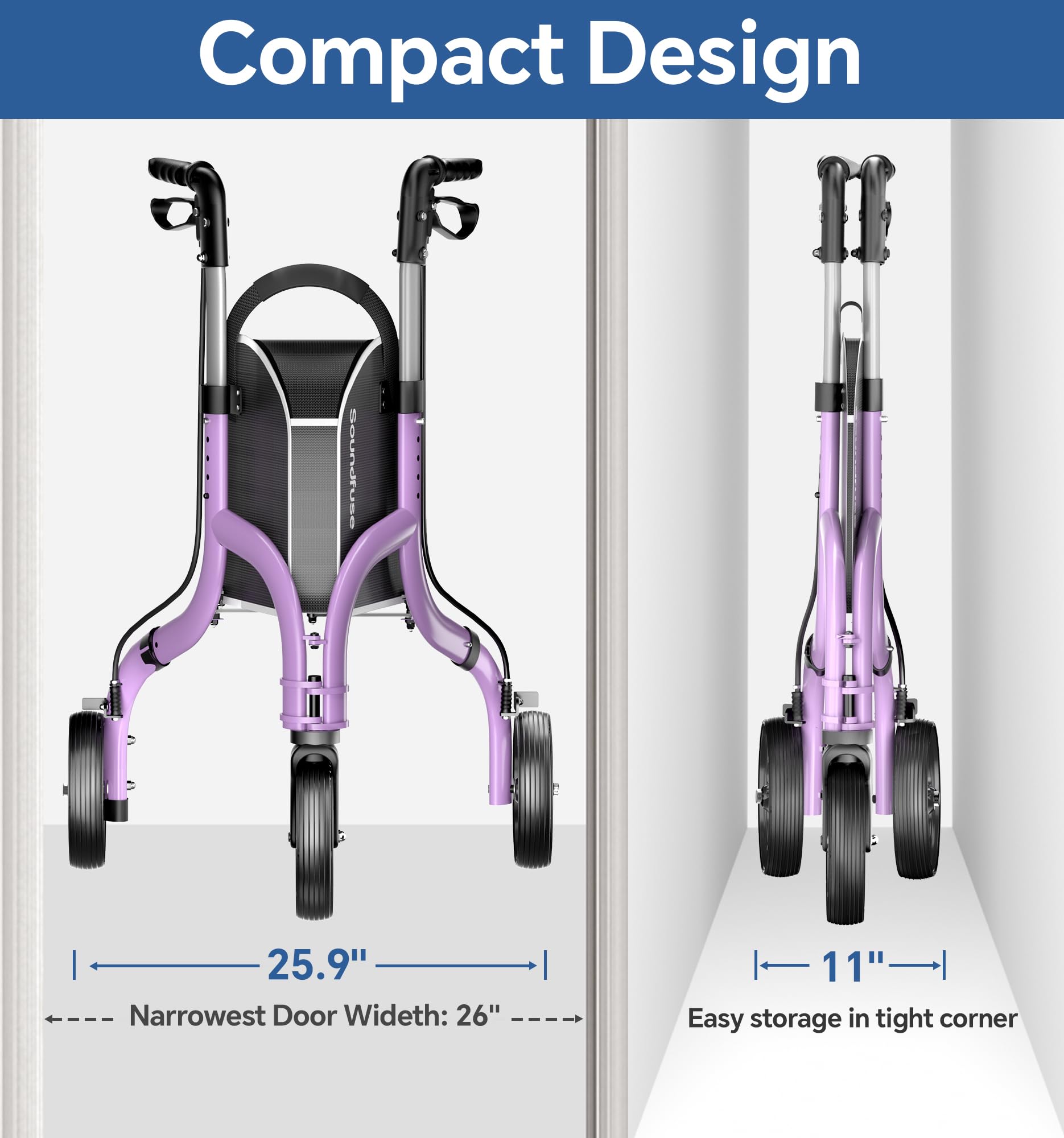 SOUNDFUSE 3 Wheel Walkers for Seniors, Lightweight Foldable Aluminum Rollator Walker, Height Adjustable Three Wheel Walker, Purple