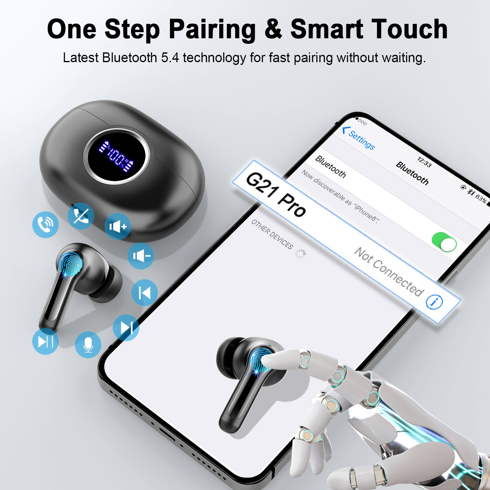 Wireless Earbuds, Bluetooth 5.4 Earbuds Hi-Fi Stereo Bass, 3.6g Mini Ear Buds Bluetooth Headphones Wireless, 4 ENC Noise Cancelling Mic, 36Hrs USB-C in-Ear Earphones, IP7 Waterproof for Android iOS