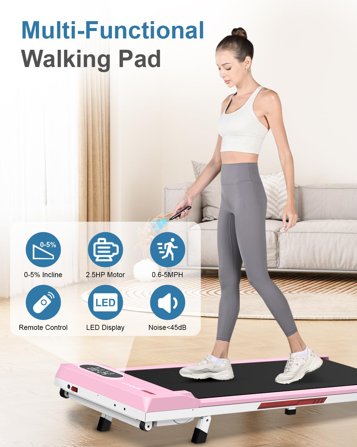 Walking Pad Treadmill with 5% Incline, 5 MPH Under Desk Treadmill for Home & Office, 300+ lb Capacity, Ultra Quiet < 45dB, Remote Control, Compact & Portable & Small, Pink