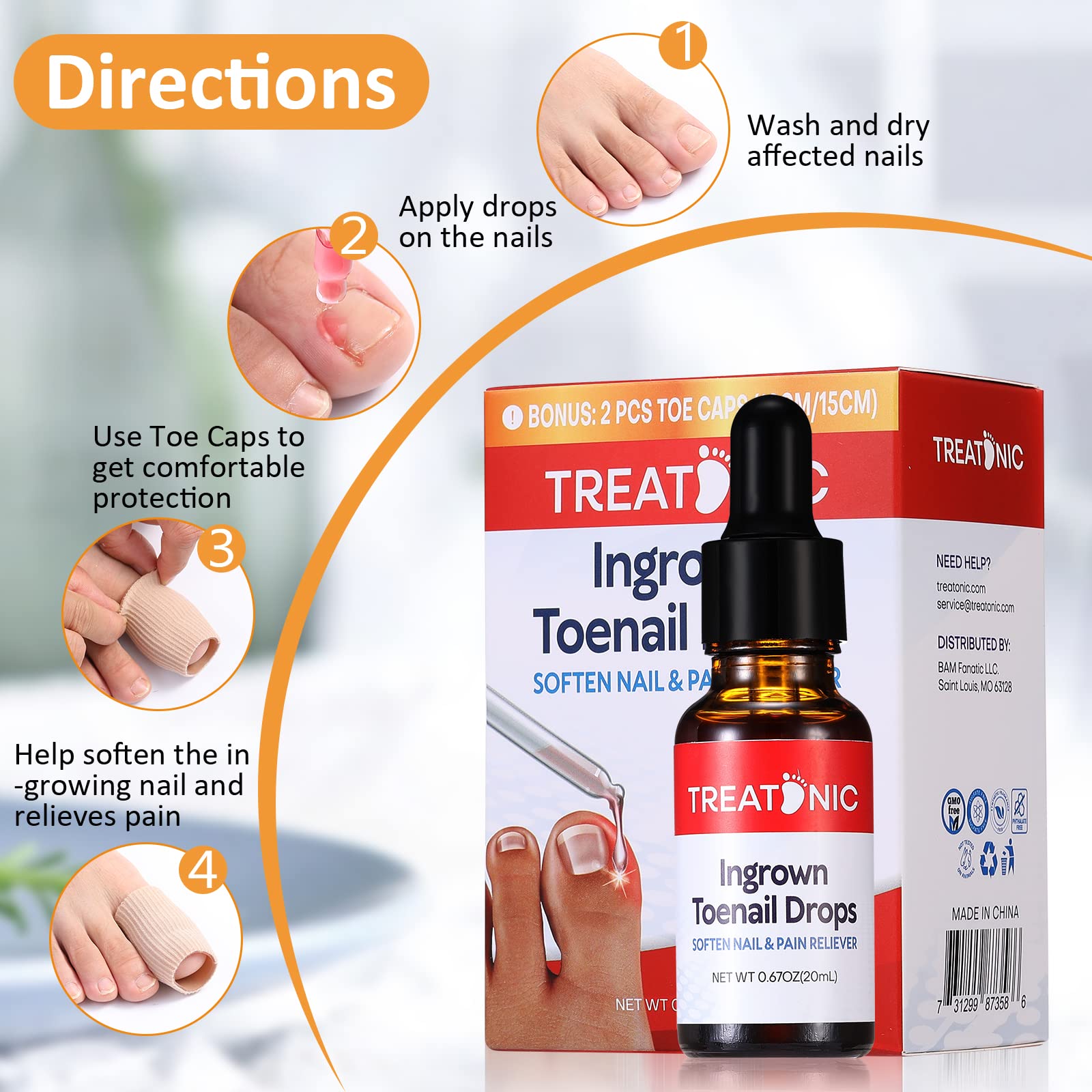 Treatonic Ingrown Toenail Treatment - Ingrown Toenail Pain Reliever and Softener Kit for Easy Trimming with Silicone Gel Toe Caps