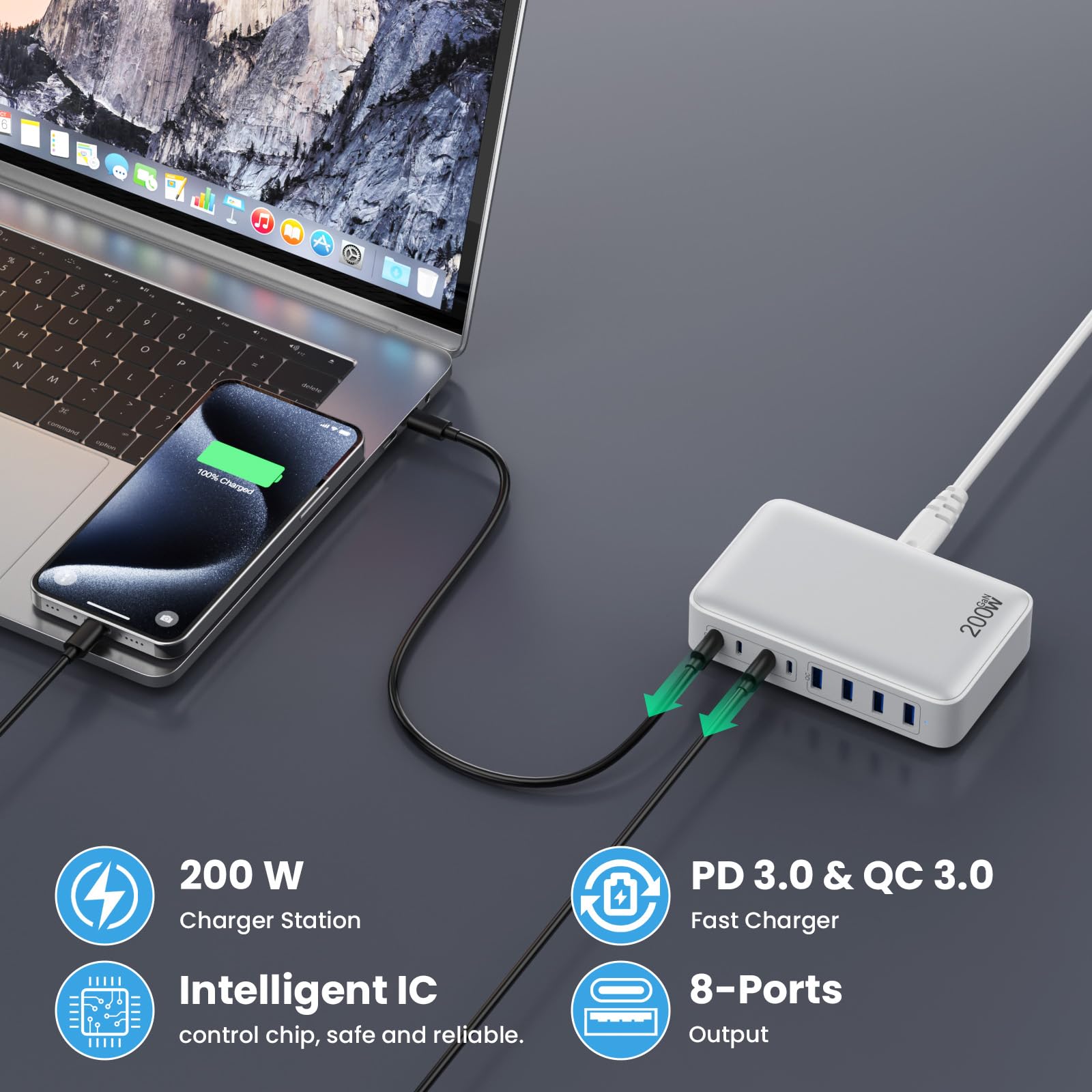 USB C Charger 200W USB C Charger Block,Upgraded GaN III 8-Port Fast Charging Station Hub,PD 65W Laptop Charger Adapter Compatible with MacBook Pro/Air,DELL,Steam Deck,iPhone 16/15/14,Galaxy S23/22 etc