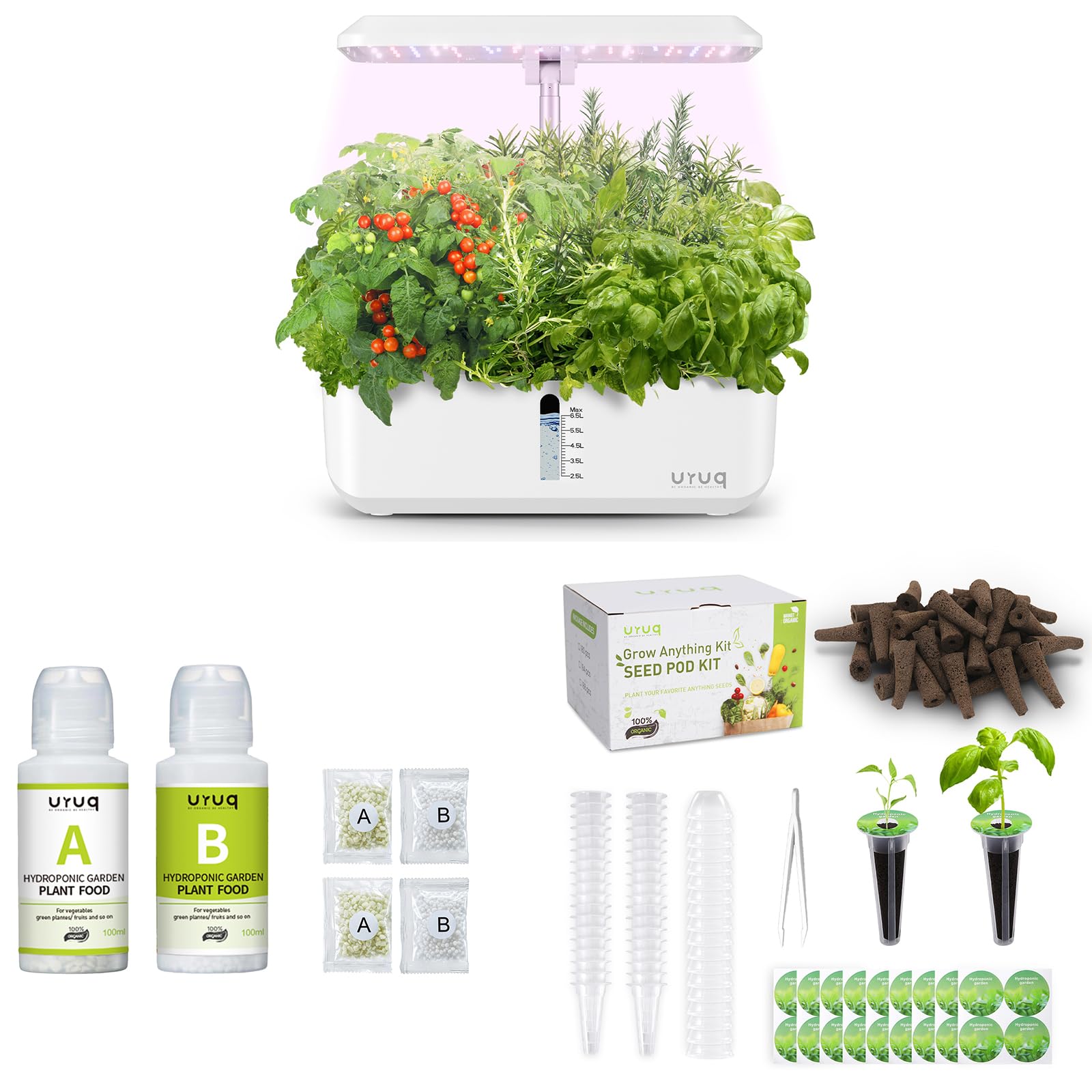 URUQ 12 Pods Hydroponics Growing System Indoor Garden White & 140Pcs Hydroponic Pods Supplies & 600ml Plant Food Nutrients