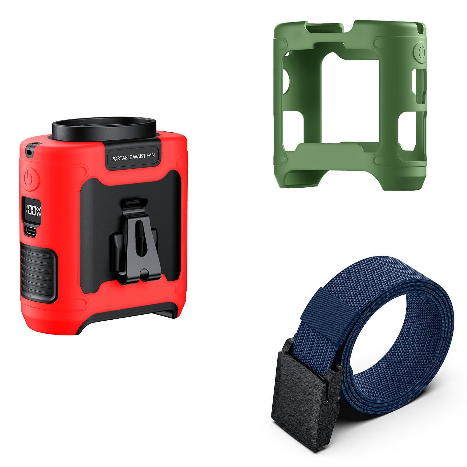 morsisho 1 Pack Red Portable Waist Fan, Green Silicone Protective Covers and Dark Blue Tactical Nylon Belt
