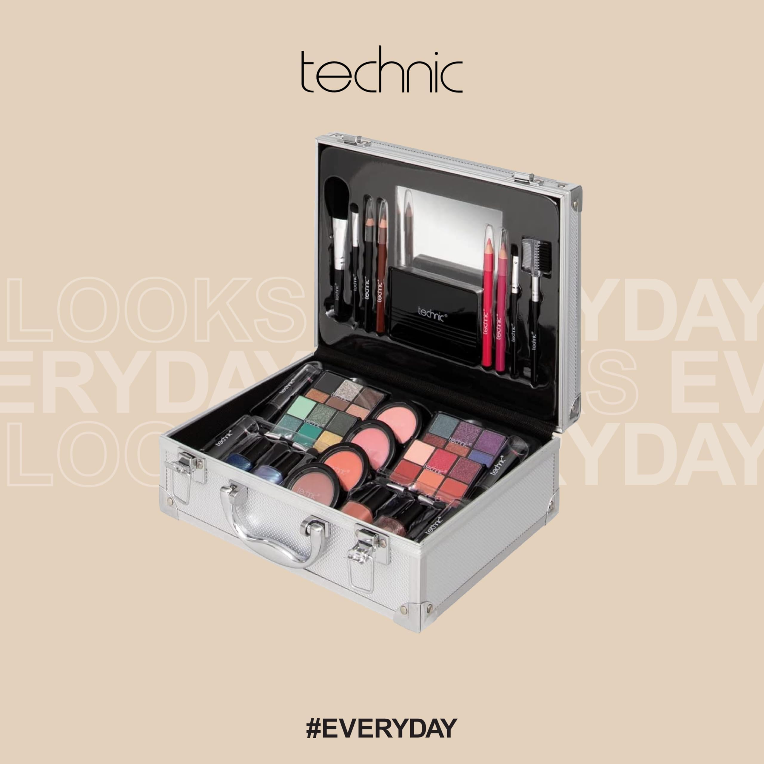 Technic 28 Pcs Carry All Full Make Up Kit In a Trunk Train Case Including Makeup Brushes, Eye Shadows, Nail Polish, Blushers, Lipsticks and More