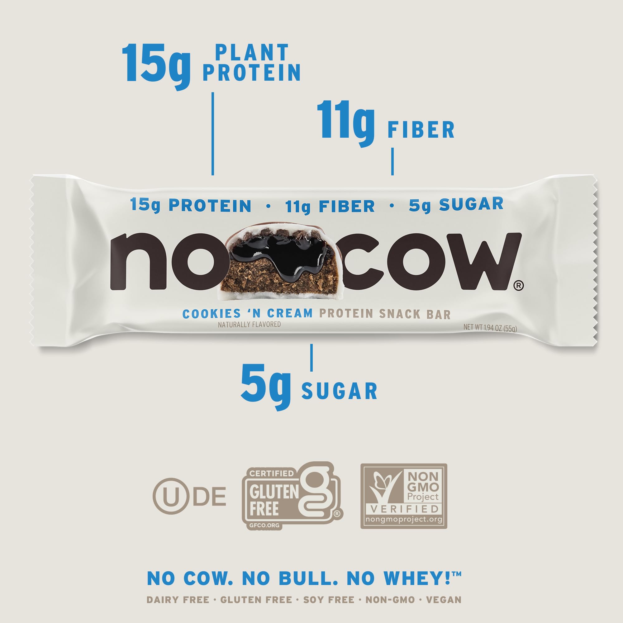 No Cow Vegan Protein Bars with Low Sugar & High Protein, 15g Plant Based Protein & 10g Fiber Snacks for On-the-Go Nutrition & Post-Workout, Gluten-Free, Dairy-Free (Cookies ‘n Cream, 12 Count)