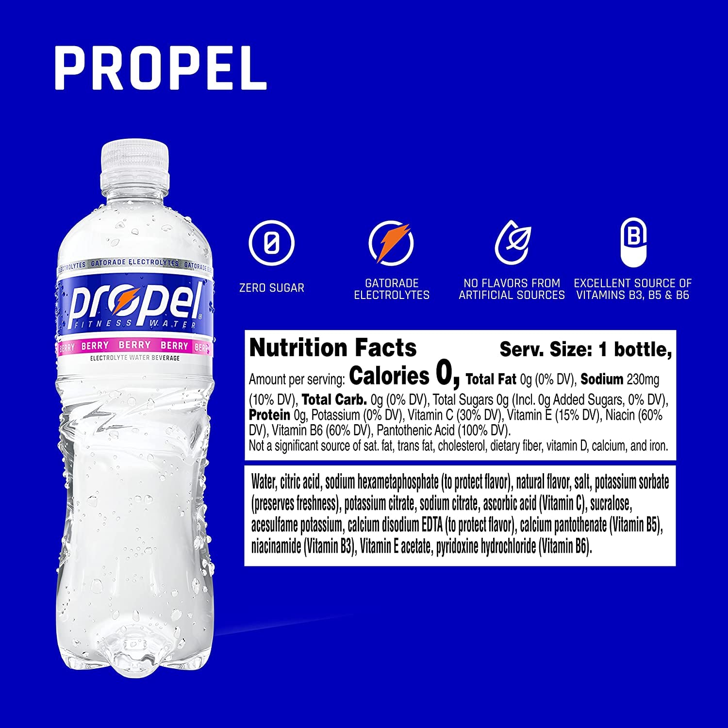 Propel Berry, Zero Calorie Sports Drinking Water with Electrolytes and Vitamins C&E, 16.9 Fl Oz, Pack of 12