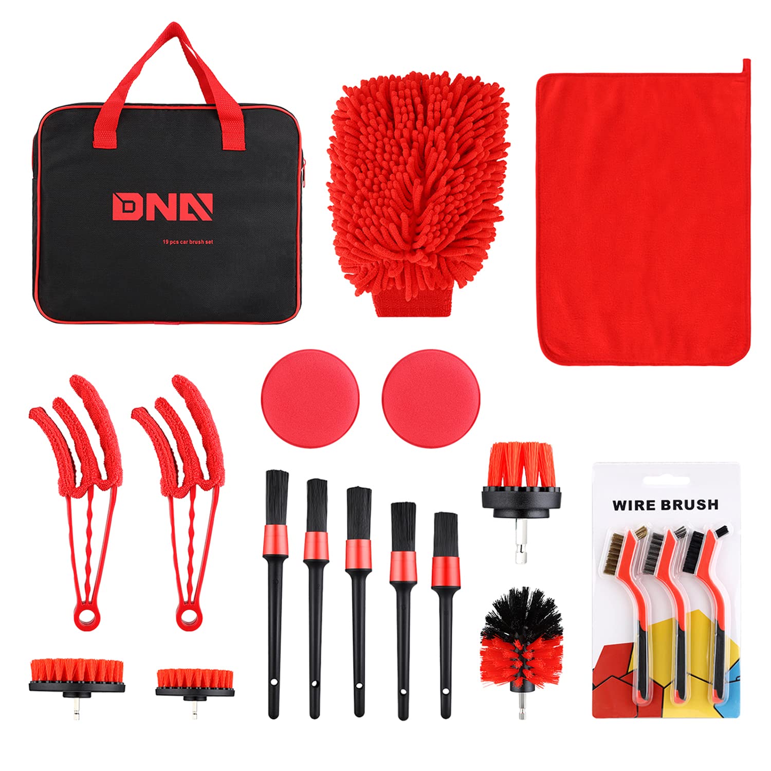 DNA MOTORING Car Detailing Brush Cleaning Tools Set with Carry Bag for Auto Interior & Exterior Wheel Dashboard Vent, Red,TOOLS-00278