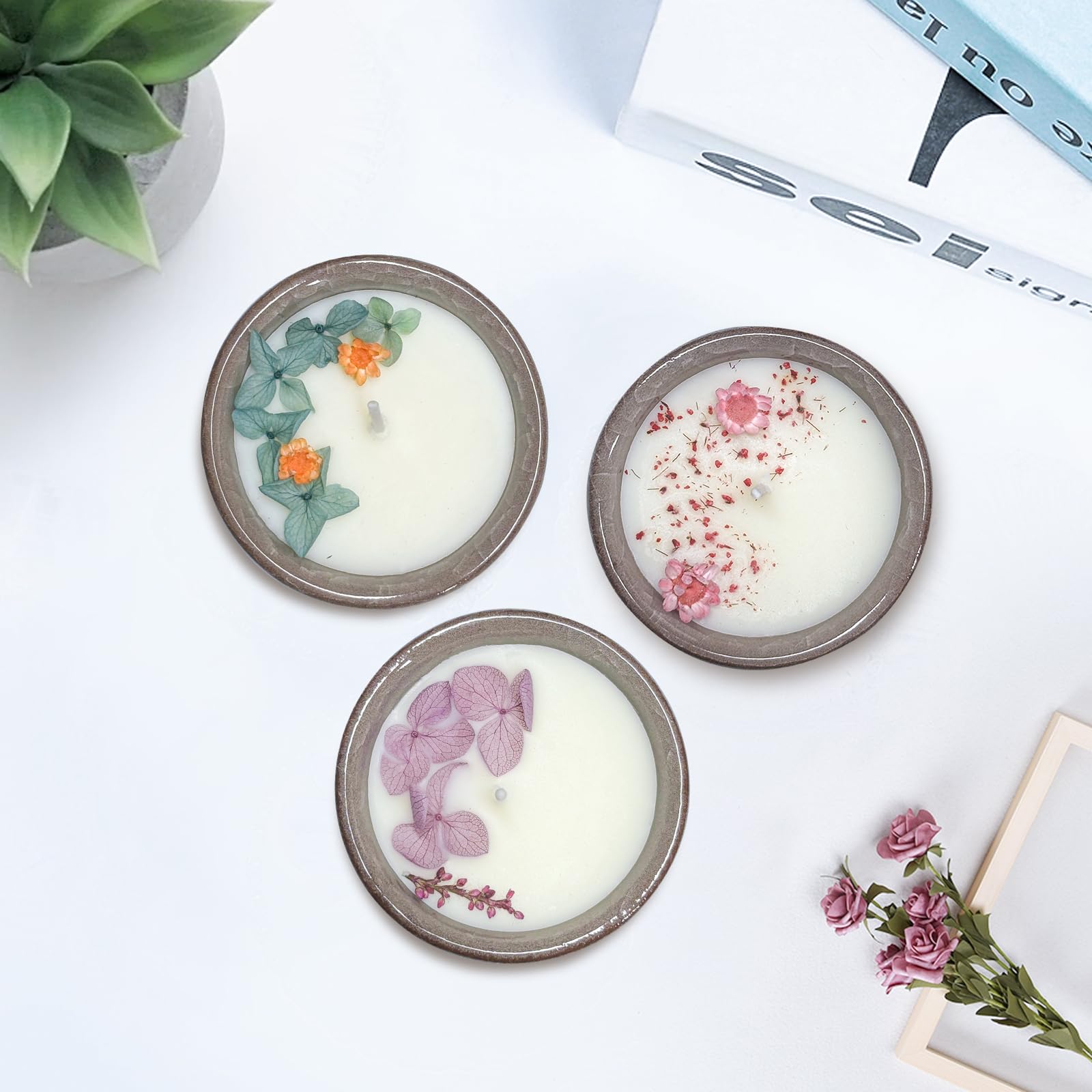 Glorade Ceramics Scented Candles Gift for Women,Dried Flower Candles,Handmade Natural Soy Candle,Decorative Ceramic Bowl with Dried Flowers for Home Scented, Christmas Gifts (Blue Wind Chimes)