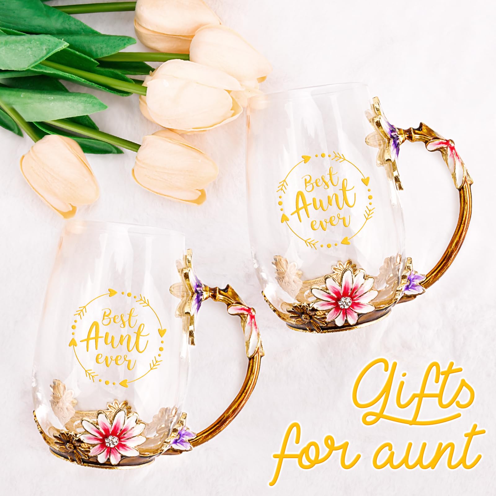 OEAGO Gifts for Aunt from Niece Nephew Tea Cup Cool Aunt Gifts Aunt Birthday Gift Enamel Flower Glass Mugs Christmas Mothers Day New Aunt Announcement Promoted To Aunt