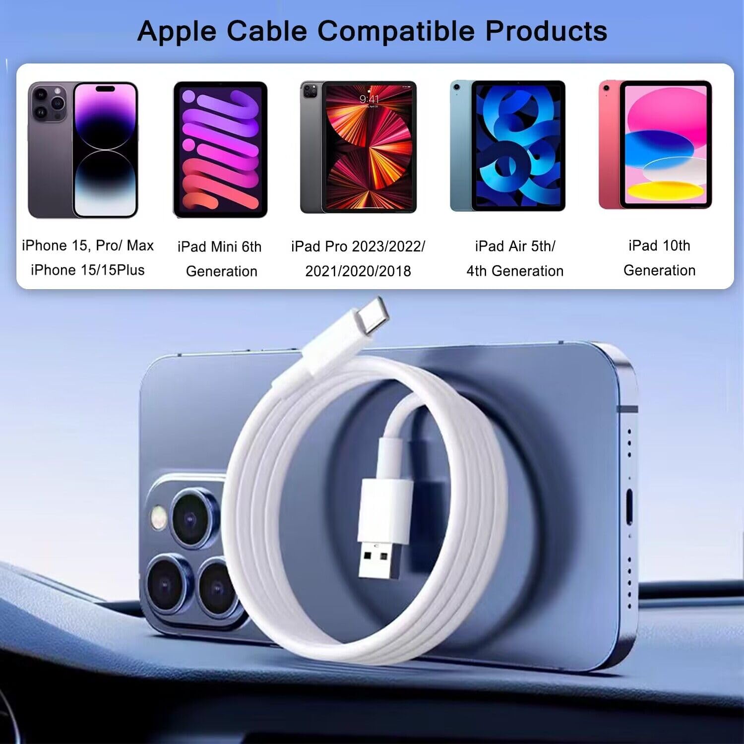 Car Carplay Cable for iPhone 15 Car Charger Cord, 3.3FT USB A to USB C Cable for Apple Carplay, USB C Cord Compatible with iPhone 15 Pro Max Plus, iPad Pro Air Mini Car Charger Cord Charging Cable