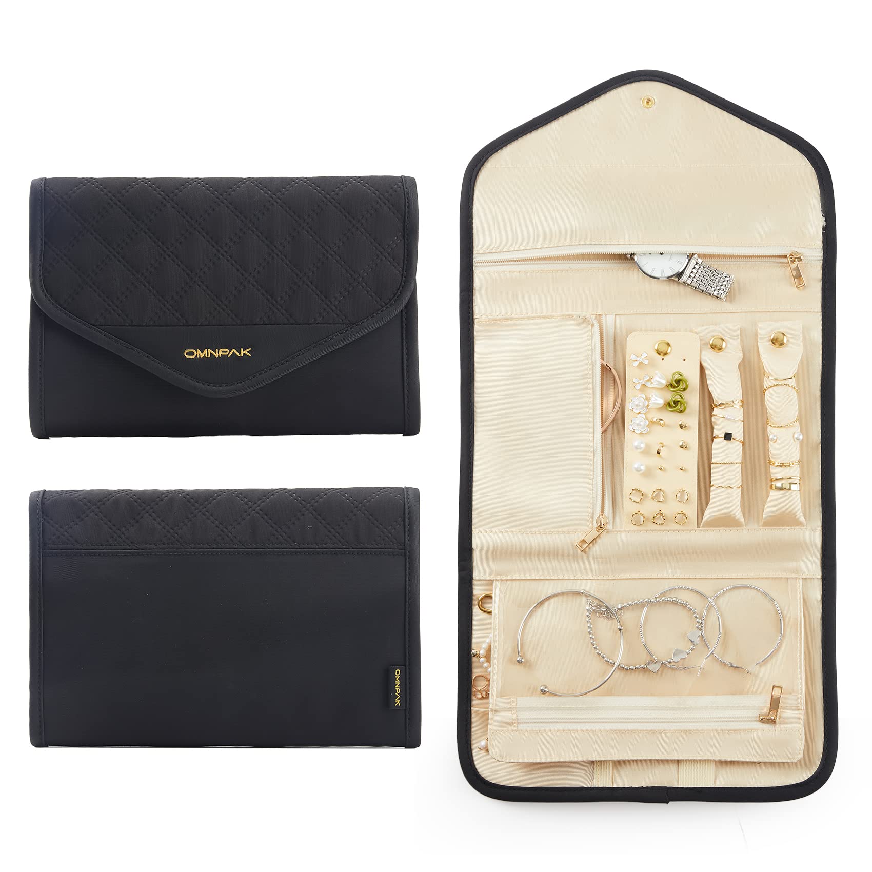 Omnpak Jewelry Organizer Travel Jewelry Case,Foldable Jewelry Roll Jewelry Storage Bag for Necklace, Ring, Earring, Watch,Compact and Easy to Carry