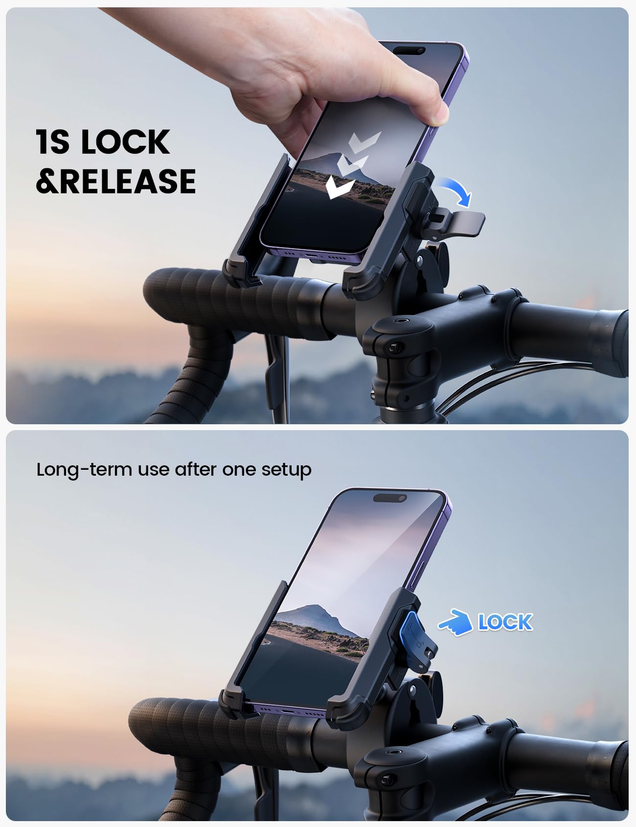 Lamicall Motorcycle Phone Mount Holder - [Camera Friendly] [1s Lock] Bike Phone Holder Handlebar Clamp, Bicycle Scooter Phone Clip, for iPhone 16 Pro Max, 15 14 13 Mini, 2.4~3.54" Wide Phones, Black