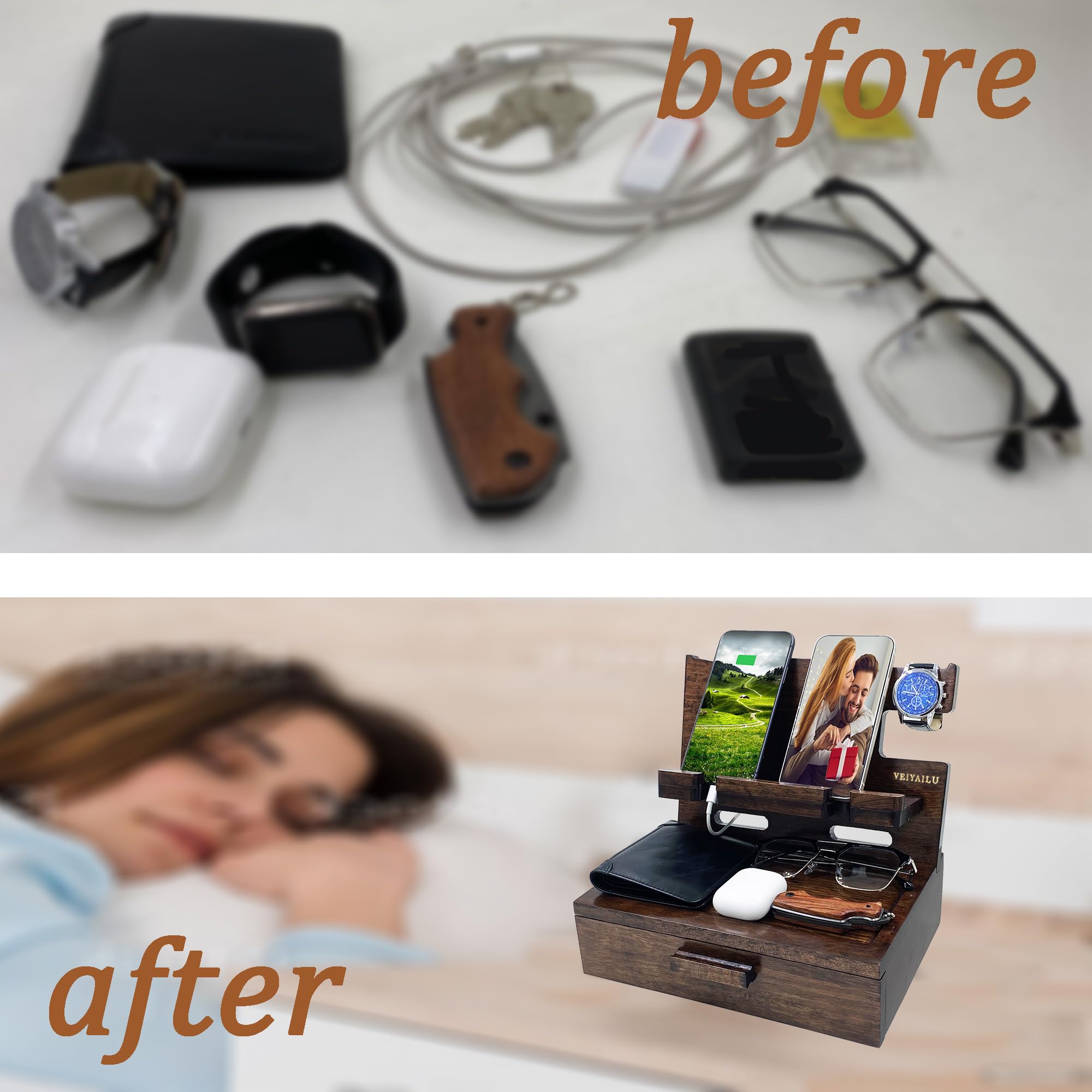 VEIYAILU Gifts for Men Women Husband Son Boyfriend Him Nightstand Organizer Wood Phone Docking Station Gift Ideas for Birthday Mother's Day,Father's Day, Christmas, and Valentine's Day (Walnut)