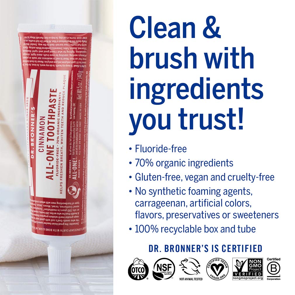 Dr. Bronner’s - All-One Toothpaste (Cinnamon, 5 Ounce, 3-Pack) - 70% Organic Ingredients, Natural and Effective, Fluoride-Free, SLS-Free, Helps Freshen Breath, Reduce Plaque, Whiten Teeth, Vegan