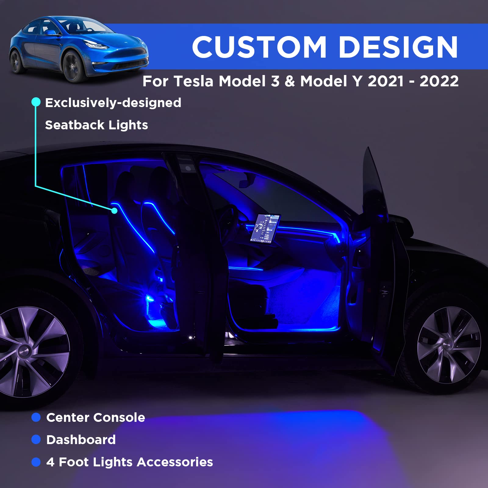 Nestour 2021 2022 2023 Tesla Model 3 Y Interior Car Neon Lights (Center Console+Dashboard+Seat+4 Foot Lights) with Matching Armrest Organizer, Ambient APP-Controlled RGB LED Strip Lights