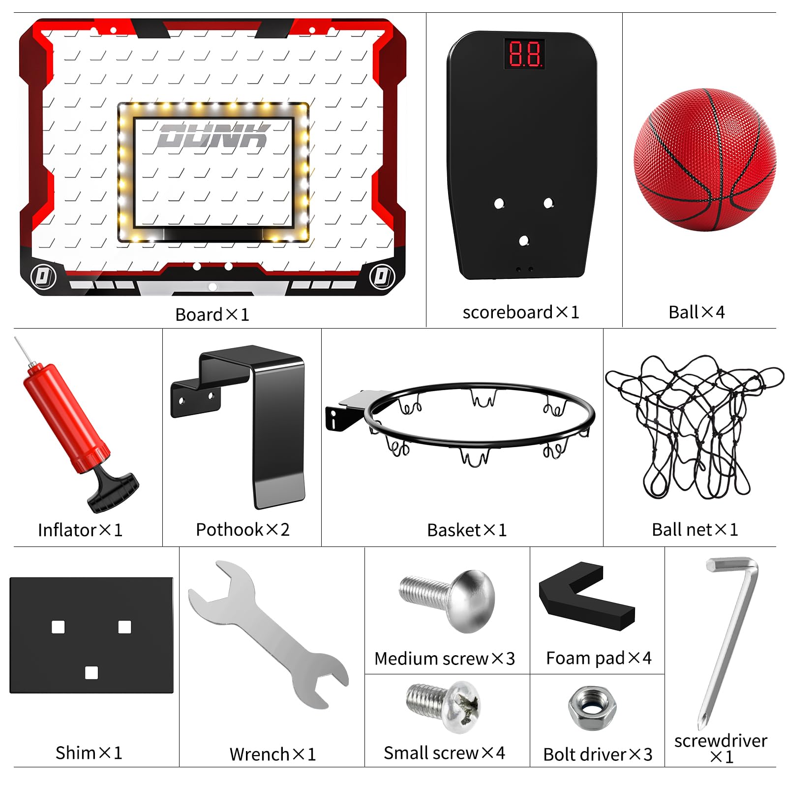 TEMI Basketball Hoop Indoor, LED Light Mini Basketball Hoop with 4 Balls & Electronic Scoreboard, Over The Door Basketball Hoop, Basketball Gifts for 5 6 7 8 9 10 11 12 Year Old Boys Girls Kids Teen