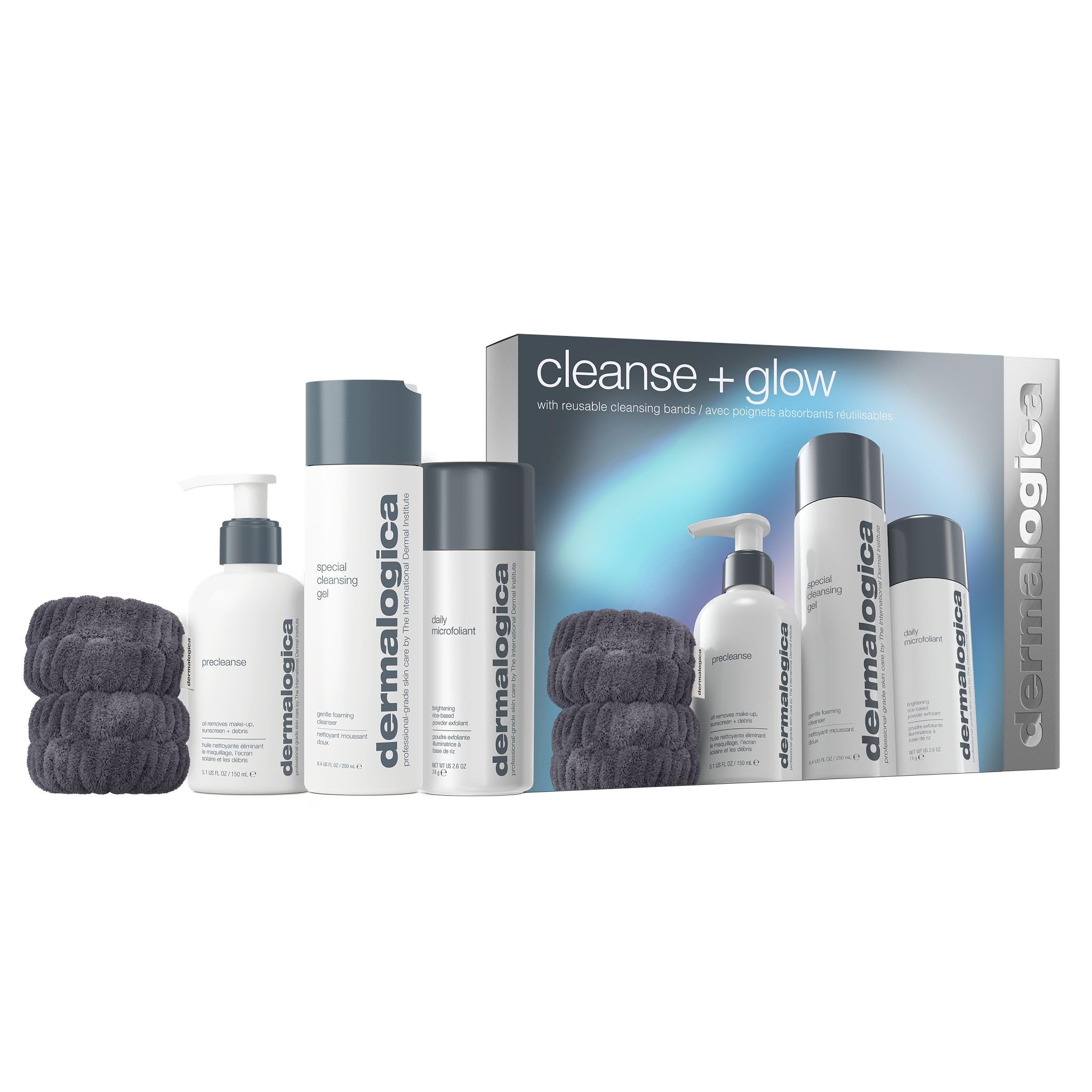 Dermalogica Cleanse + Glow Skin Care Set with Cleansing Bands Contains Cleansing Oil, Facial Cleansing Gel, Exfoliating Scrub, and Skincare Wristbands