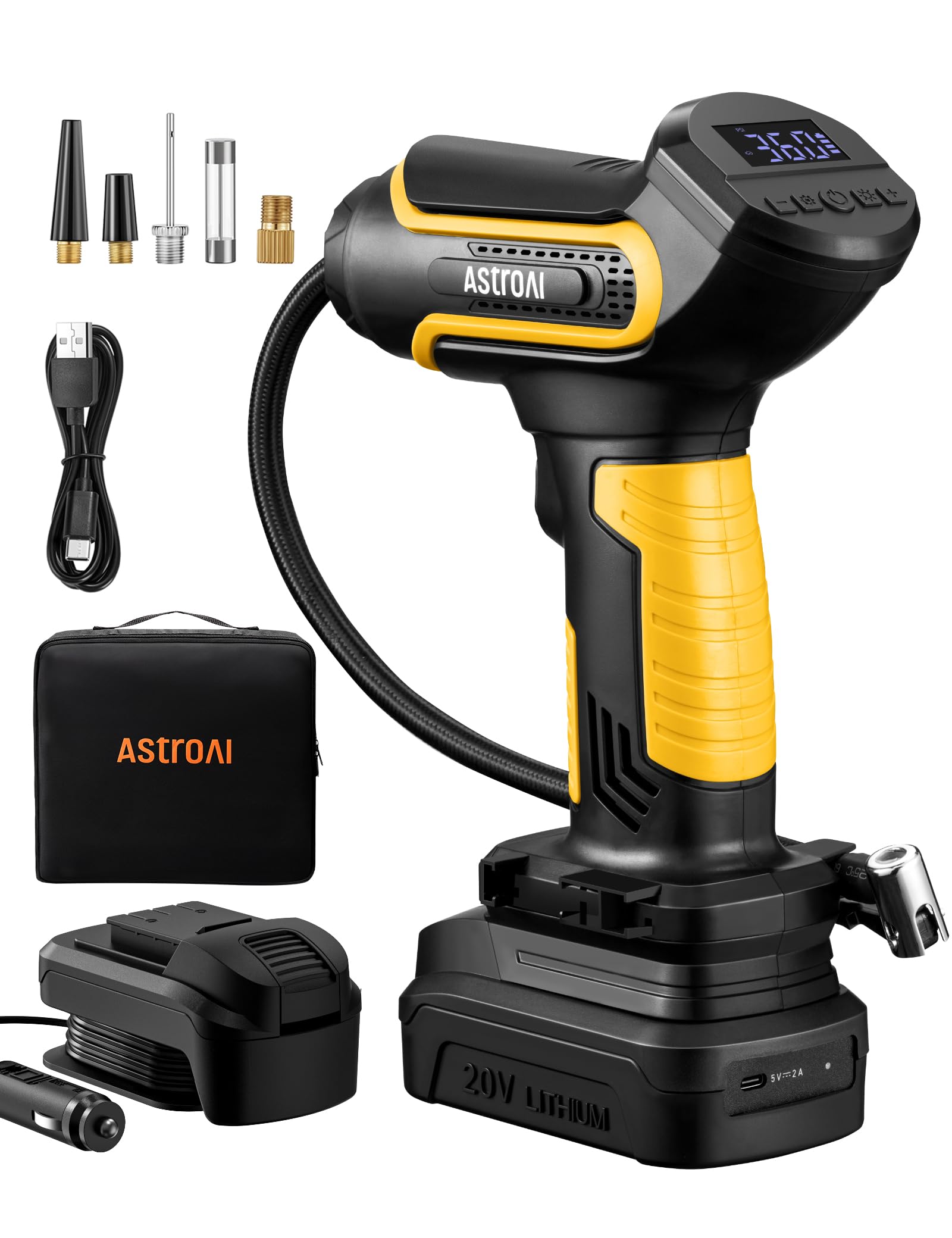 AstroAI Tire Inflator Air Compressor Cordless Car Tire Pump with 20V Rechargeable Li-ion Battery 150 PSI Portable Handheld Air Pump with 12 V Car Power Adapter for Cars Motorcycles LS40791（C1） Yellow