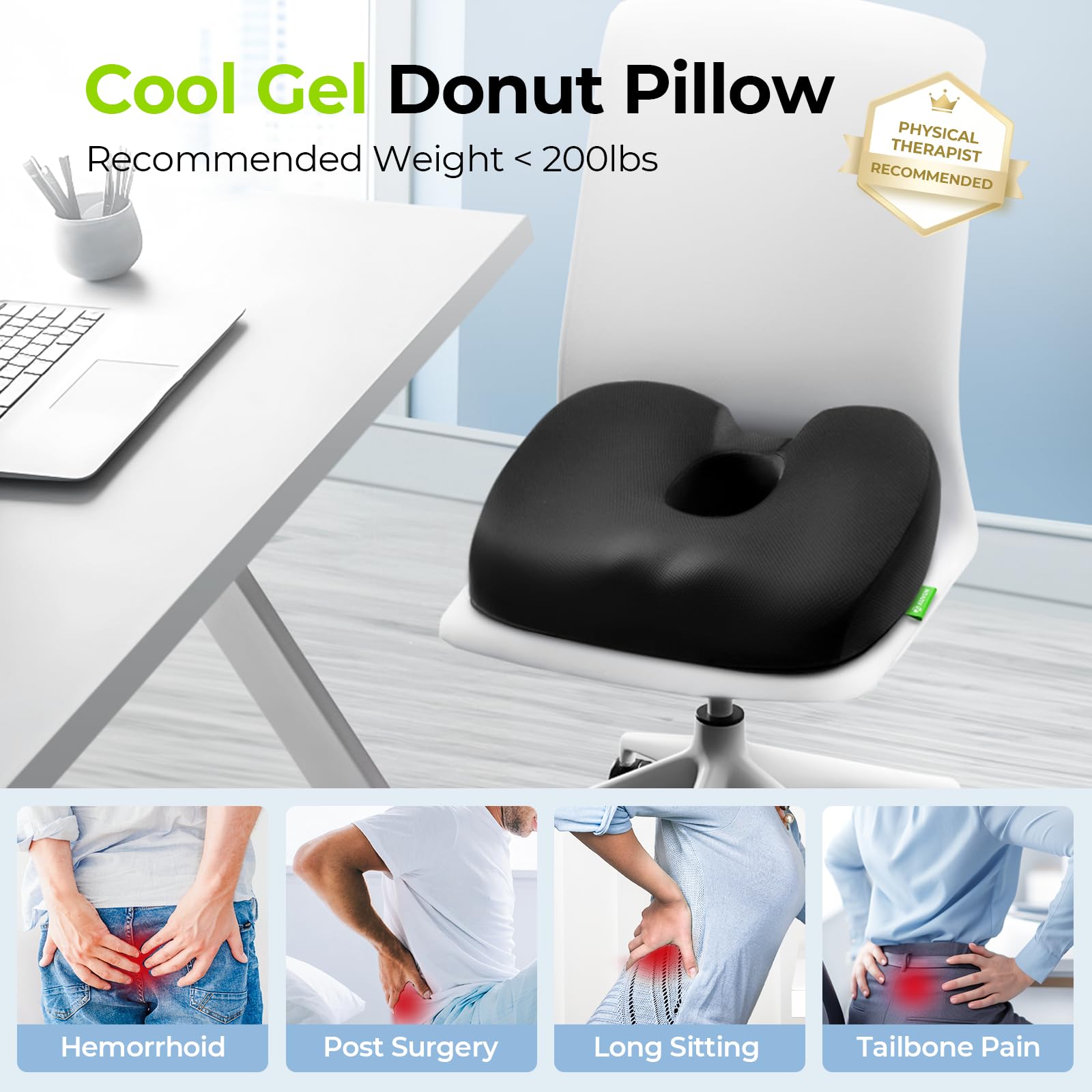 AUVON Cool Donut Pillow with Gel Layer & Scientific Center Hole, Hemorrhoid Pillow with U-Shaped Cutout for Tailbone Pain Relief, Donut Cushion for Long Sitting, Sciatica, Pregnancy, Post-Surgery