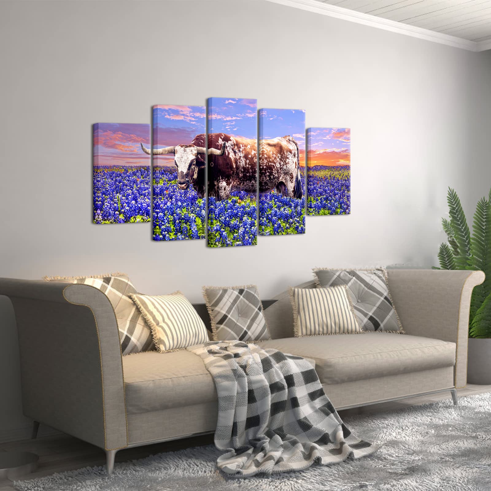 RyounoArt Lonhorn Canvas Wall Art Texas Bluebonnet Field Painting Pictures Texas Farm Artwork for Home Living Room Office Wall Decor Ready to Hang