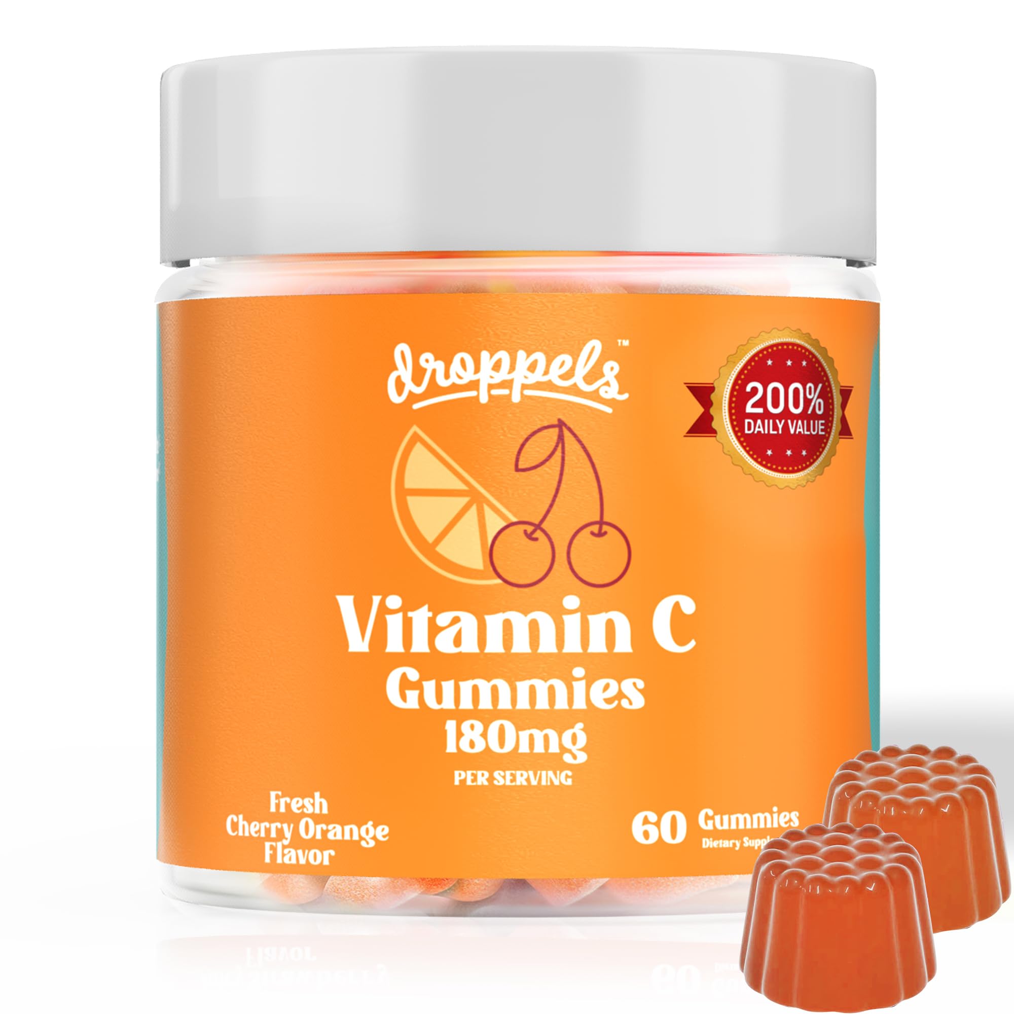 Droppels Vitamin C Gummies, 180mg – Vegan, Pectin Plant-Based Immune Support Booster Supplement – Cherry Orange Flavor, 60 Count (1-Month Supply)