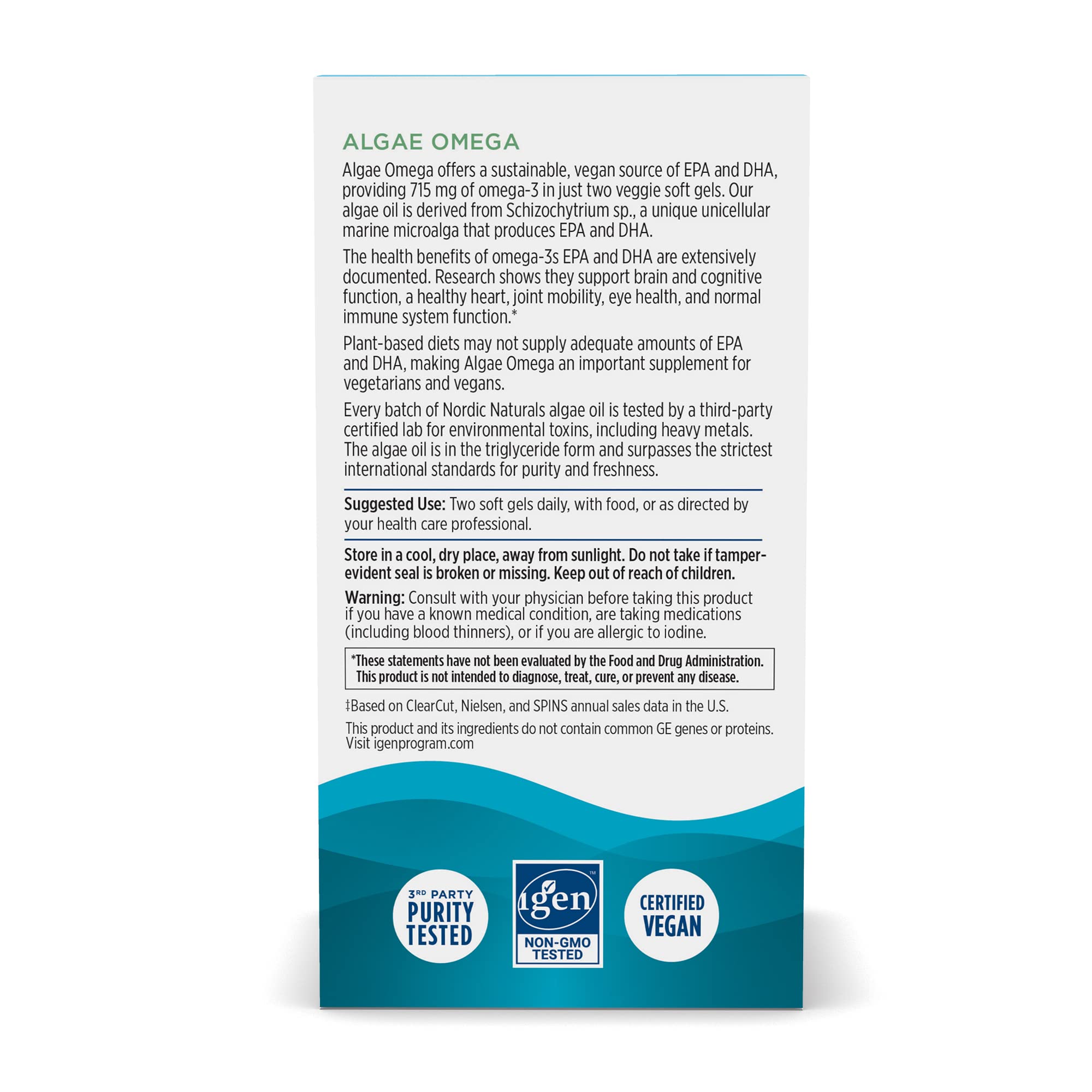 Nordic Naturals Algae Omega - 60 Soft Gels - 715 mg Omega-3 - Certified Vegan Algae Oil - Plant-Based EPA & DHA - Heart, Eye, Immune & Brain Health - Non-GMO - 30 Servings