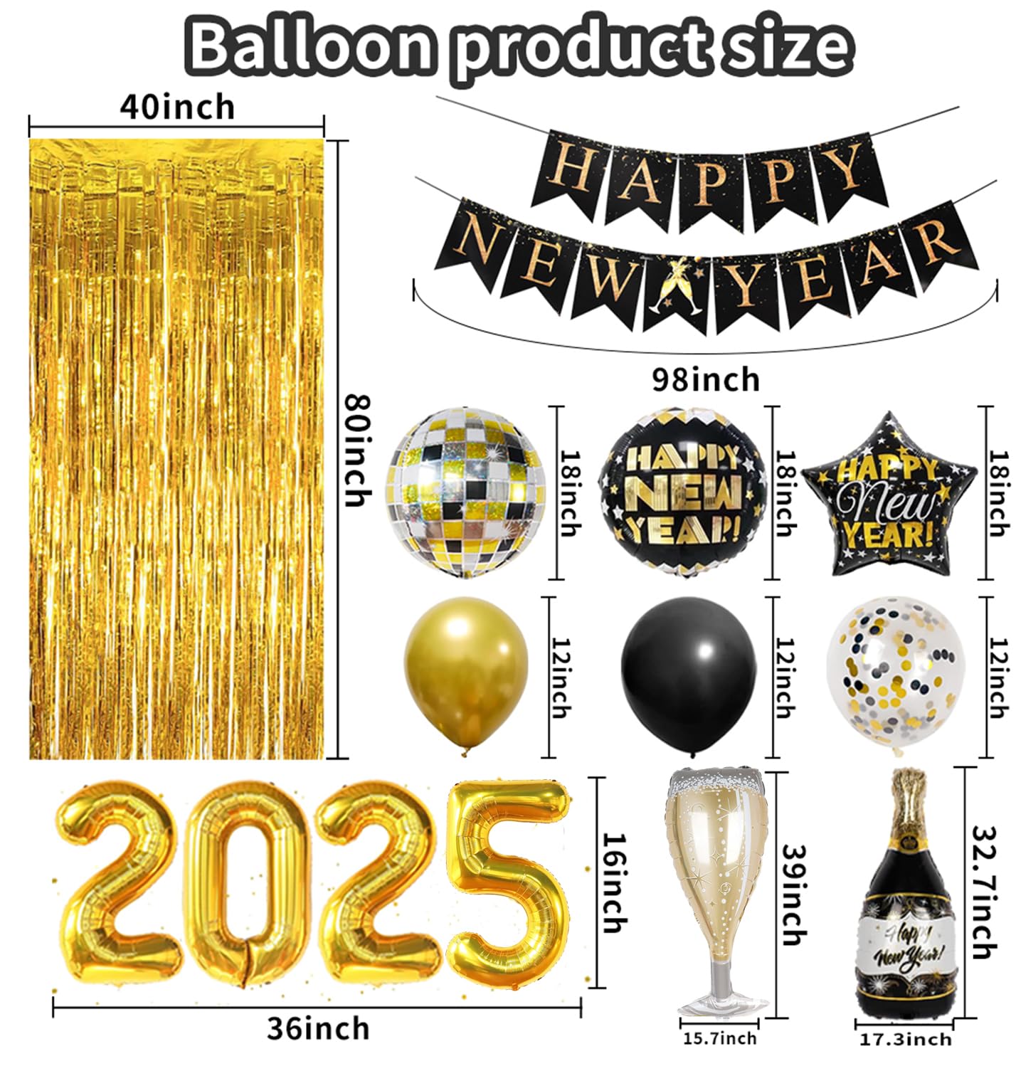 Happy New Year Party Decoration 2025 Foil Balloon Banner and Curtains Disco Balloons Champagne Balloon New Years Eve Black and Gold Party Supplies Decorations