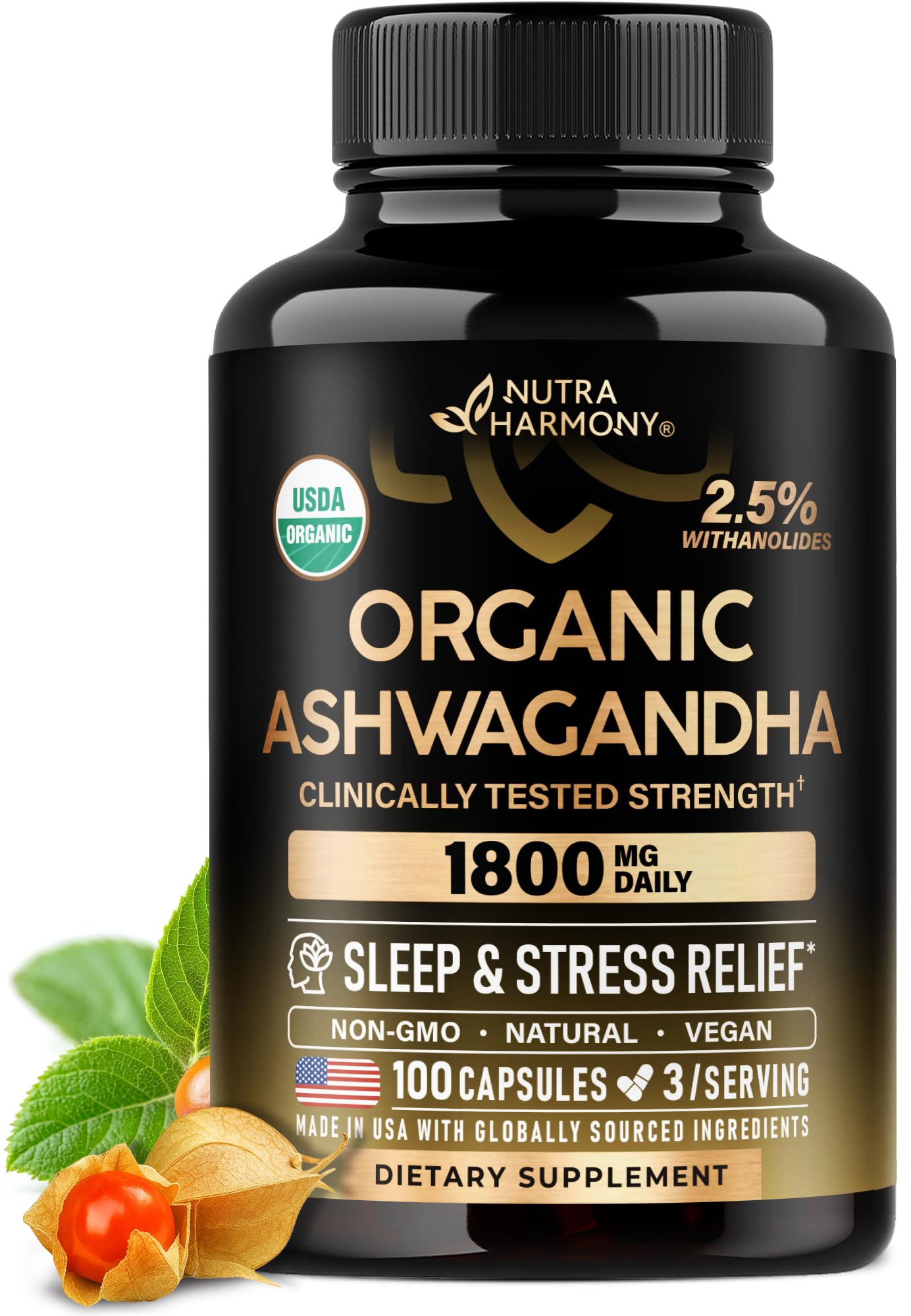 Ashwagandha Supplements 1800mg - USDA Organic Ashwagandha for Women & Men - Clinically Effective Strength for Stress Relief & Sleep - Powder & Root Extract 2.5% Withanolides - Made in USA 100 Capsules