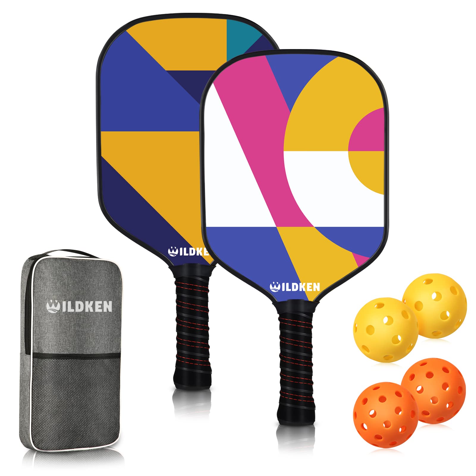 WILDKEN Pickleball Paddles,Double-Sided Pattern Pickle Ball Paddles Set of 2 with Non-Slip Ergonomic Absorbent Soft Grip Pickle Ball Rackets 2 Pack,Pickleball Set Sport Gifts,Black,Standard