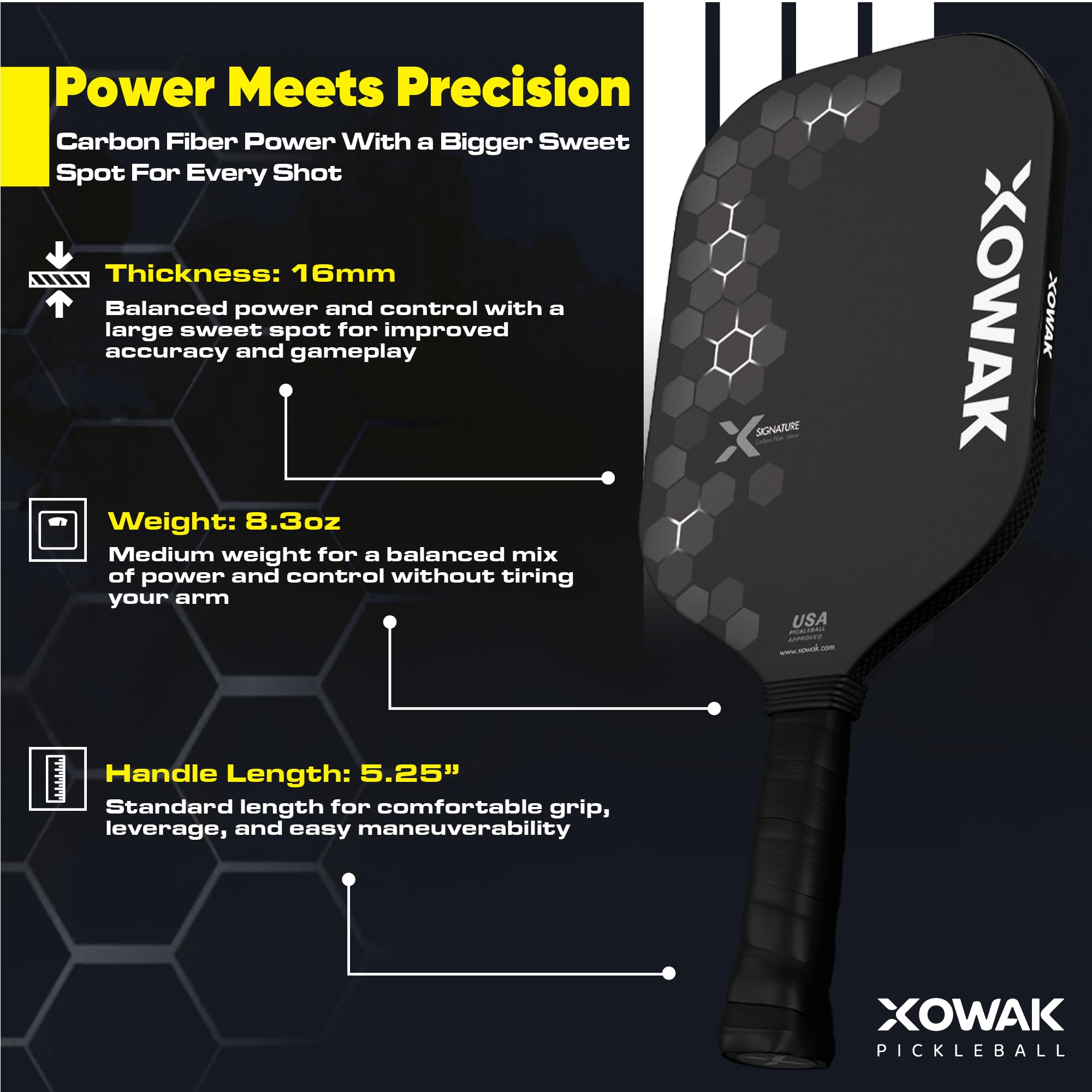 Xowak Signature 16mm Pickleball Paddle - T700SC Carbon Fiber Paddle for Max Power & Precision Spin with Comfy Anti-Slip Grip - Pickleball Racket for Advance & Intermediate Players