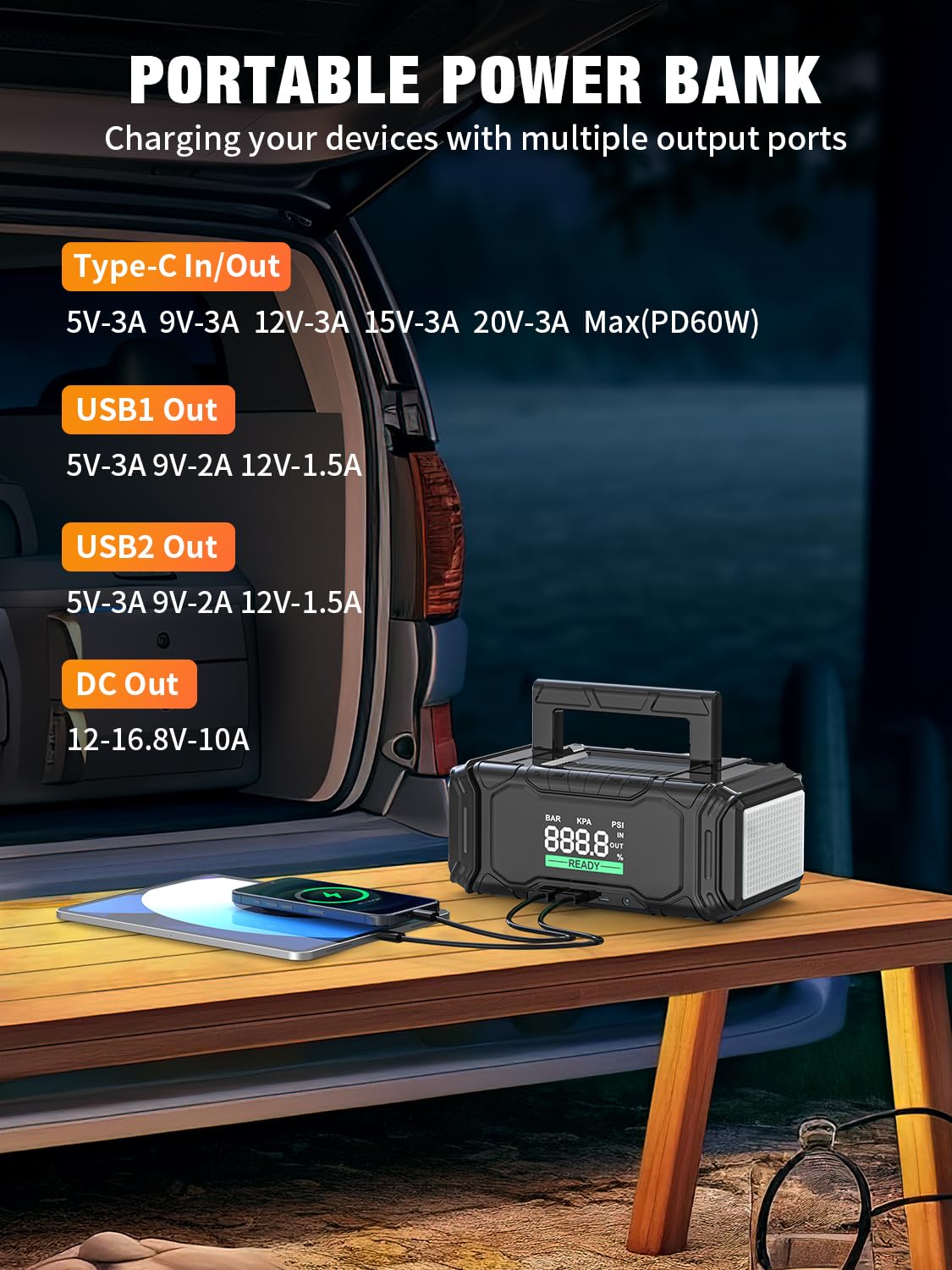 AVAPOW Car Battery Jump Starter 3000A Peak with Air Compressor, 12V 150PSI Portable Jumpstart with Force Start Function, Portable Starters for Up to 8L Gas 8L Diesel Engine, PD 60W Fast Charging