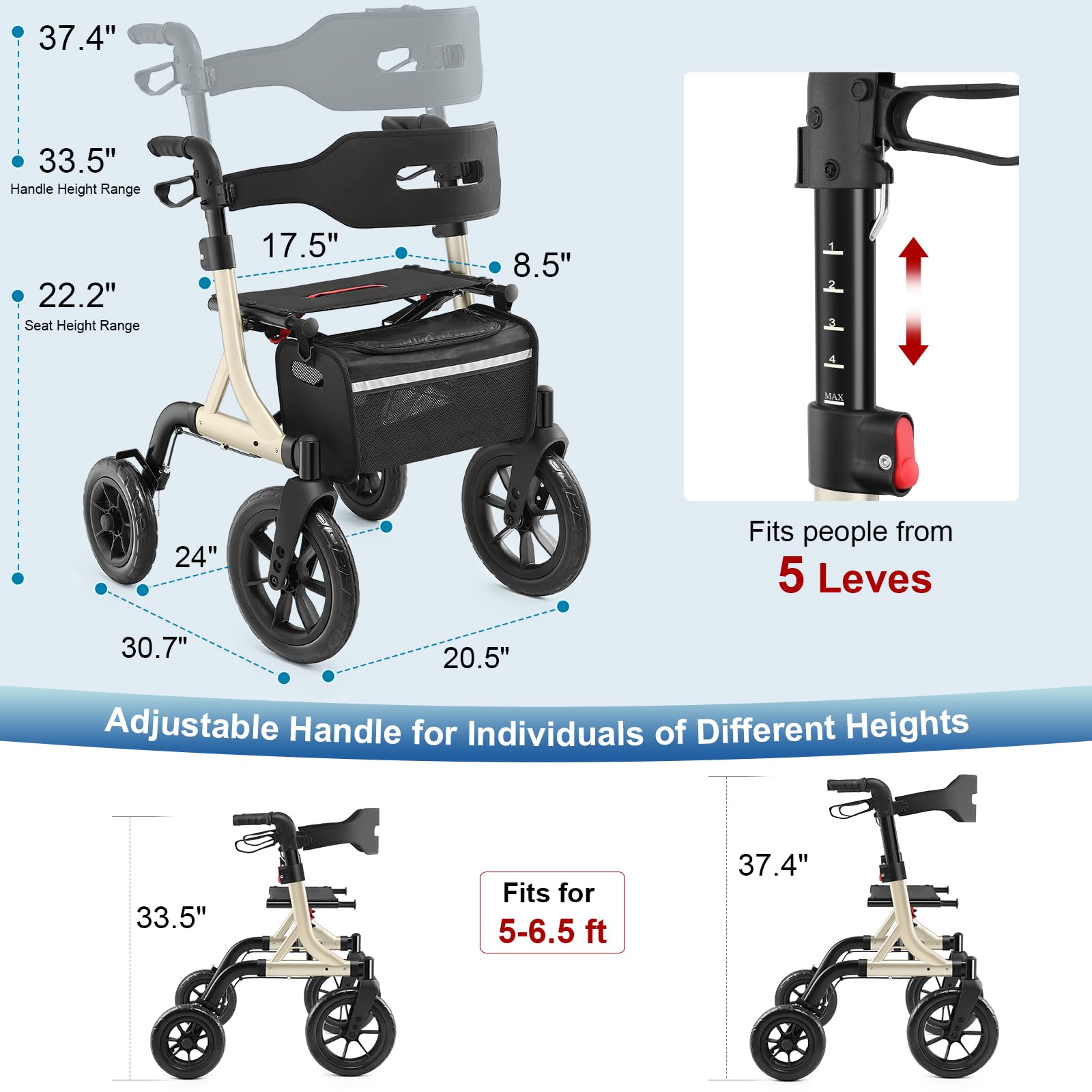 MAXWALK Walkers for Seniors, Rollator Walker with Seat, 12" Big Rubber Wheels All Terrain Rollator Walker with Backrest, Built-in Cable, Cup Holder, Foldable and Height Adjustment for Seniors, Gold