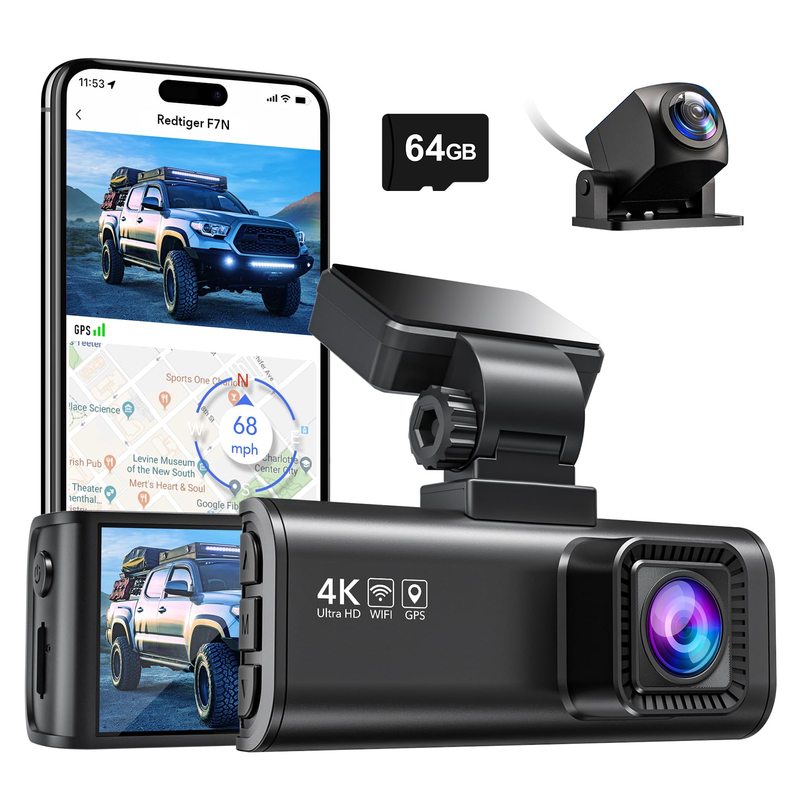 REDTIGER F7N 4K Dash Cam Front and Rear,Built-in WiFi GPS 4K+1080P Dual Dash Camera for Cars,3.18 inch Display Dashcam,170° Wide Angle Dashboard Camera Recorder, Night Vision,Parking Monitor