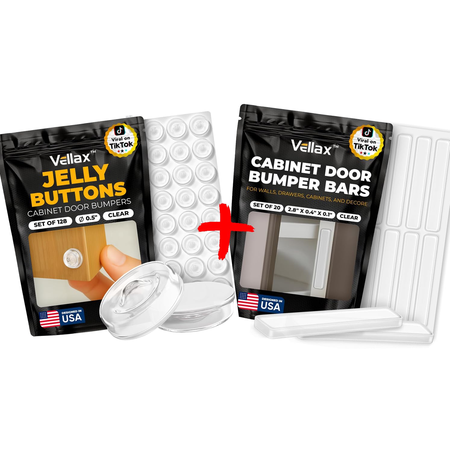 Vellax 128 Self Adhesive Cabinet Door Bumpers & 20 Clear Silicone Bumper Strips - Sticky Clear Silicone Rubber Pads for Furniture Drawers, Kitchen Cabinets, Decor, Wall Protection