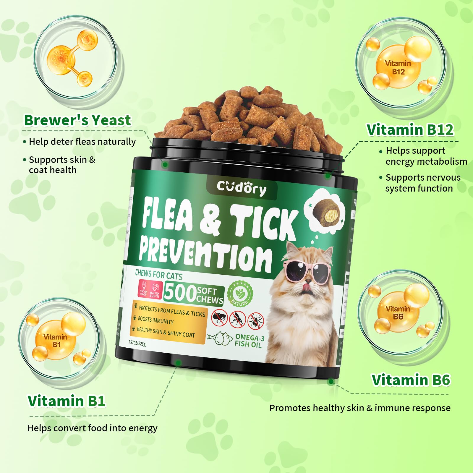 Flea and Tick Chews for Cats - Natural Flea Tick Support for Cat All Breeds & Ages - Nourishes Skin & Coat Health - Energy Support