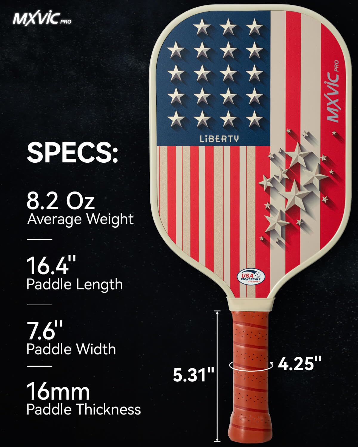 MXVIC 16mm Pickleball-Paddle, T700 Carbon-Fiber Surface (CFS) with High Grit & Spin, USAPA Approved Power and Control Paddle with Cover | 2024 American Flag Pickle-Ball Racket for Intermediate, Pro