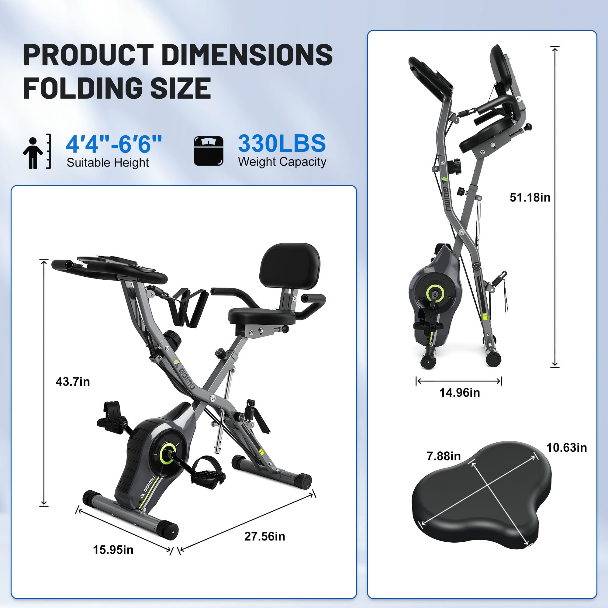 GOIMU Exercise Bike, 5 in 1 Foldable Stationary Bike for Seniors, 16-Level Adjustable Magentic Resistance, Indoor Recumbent Bike with 330LB Capacity, Comfortable Seat Backrest Adjustments