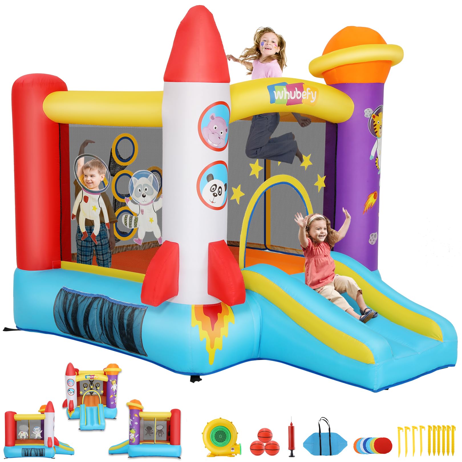 Whubefy Inflatable Bounce House for Toddler Kids 2-8 with Slide, Pitching Game & Fun Photography, 106 x 71 x 83 Astronaut Theme Small Jumping House w/Blower for Indoor Outdoor Birthday Party Gifts