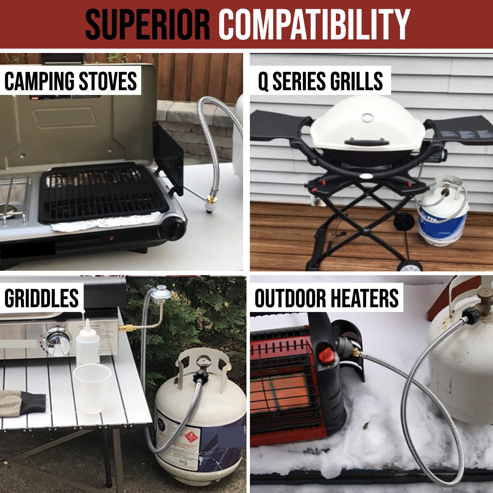 PatioGem Propane Hose, 5FT Propane Adapter 1lb to 20lb, Propane Tank Adapter, fit for Weber/Coleman/Blackstone Grill, Buddy Heater, Smoker, Griddle, Camping Stove, Fire Pit
