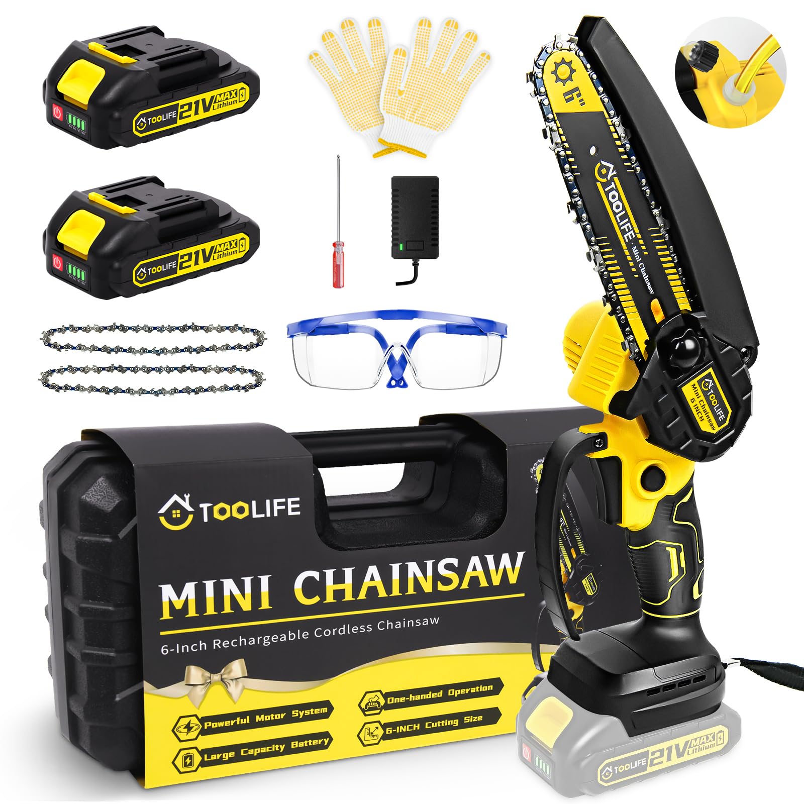 TOOLIFE Mini Chainsaw Cordless 6 Inch, Handhled Chainsaw with 2 Batteries & Auto Oiling System, Electric Chainsaw for Tree/Wood Cutting, Best Christmas Birthday Gifts for Men Dad Him Stocking Stuffers