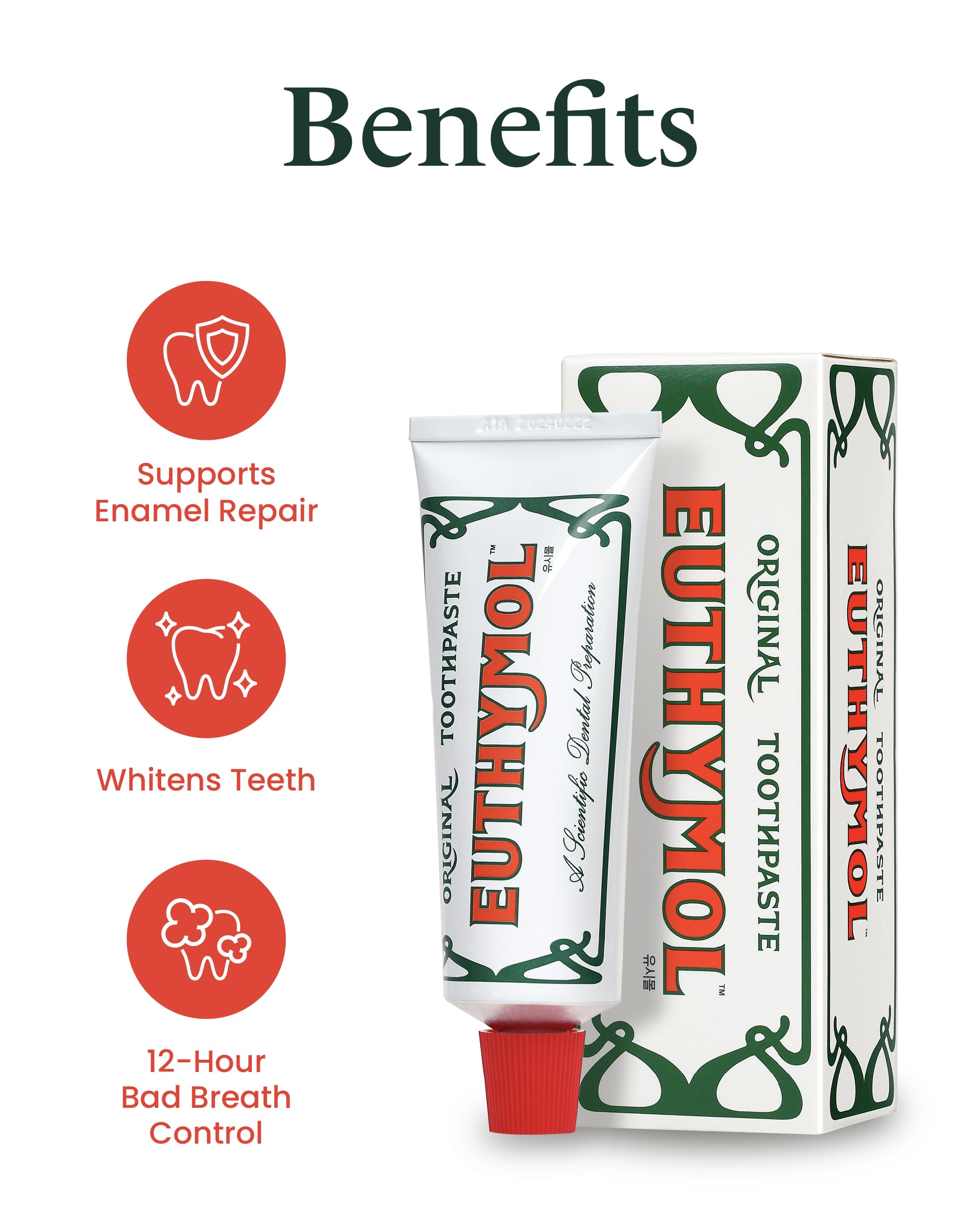 EUTHYMOL Original Toothpaste (3.7fl oz*5, Pack of 5) - Fluoride-Free Toothpaste for Sensitive Teeth & Gum. Bad Breath, Cavity Prevention, 12-Hour Long Lasting Freshness with Wintergreen